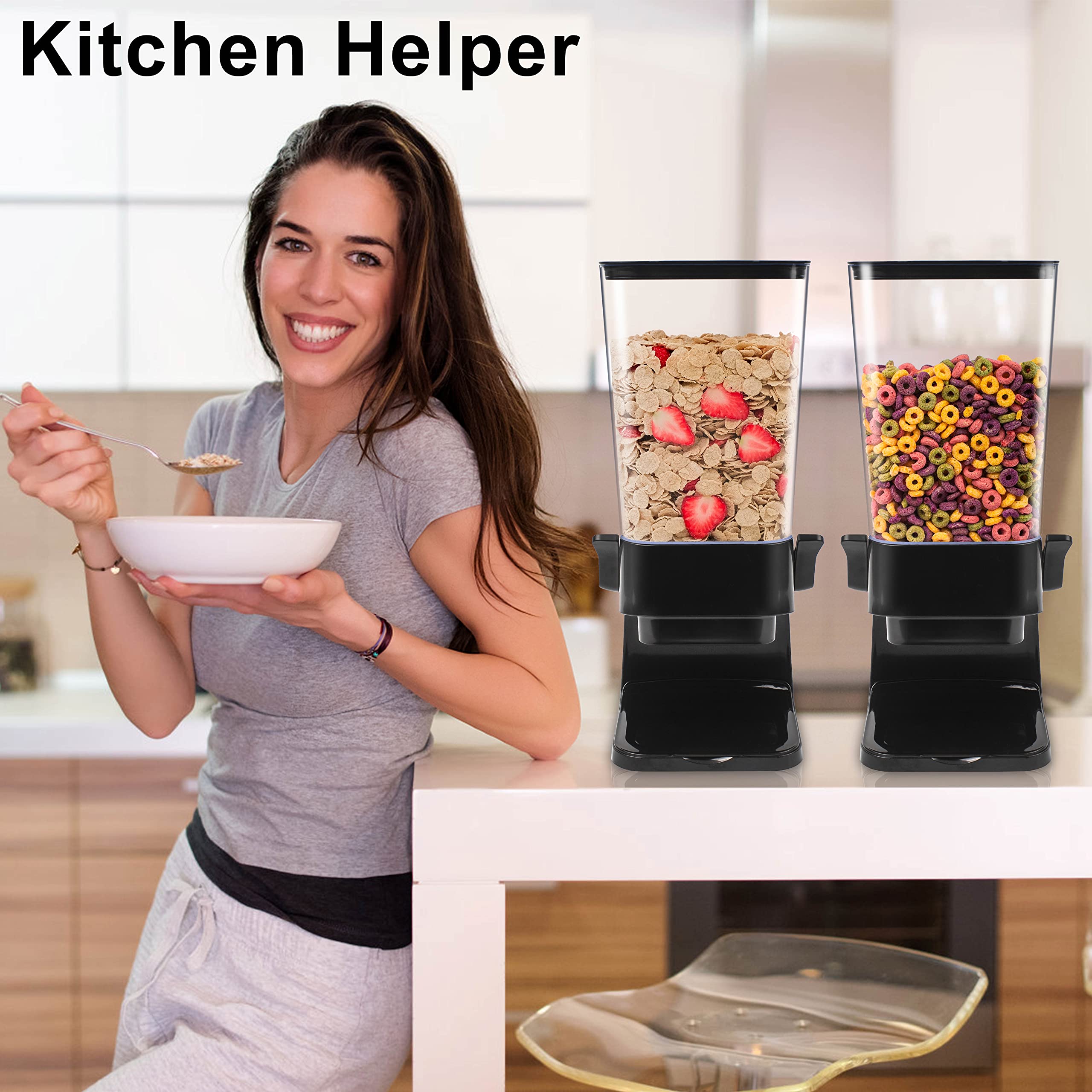 5L Cereal Dispenser with Lids - Countertop Kitchen Storage Container for Rice, Grains, Nuts, Oatmeal & Pet Food - Perfect for Pantry Organization & Meal Prep (2-Pack, Black)