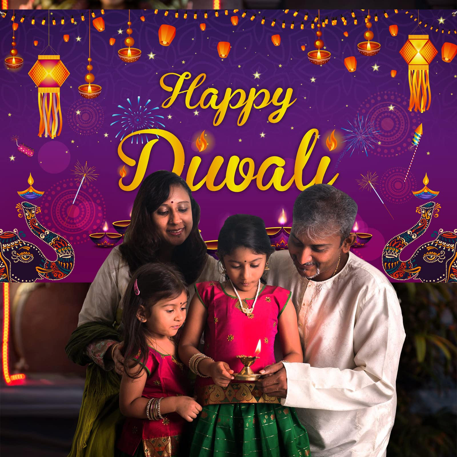 Happy Diwali Backdrop Banner 72x43 Inch - Indian Festival Party Decorations, Photography Background for Wall Porch Door - Diwali Light Celebration Supplies for Home Decor & Social Media Photos