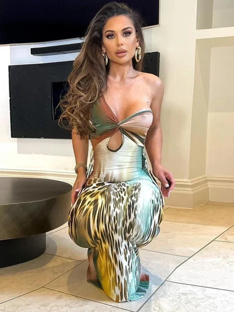 2023 Women's Sexy Animal Print Twist Hollow One Shoulder Bodycon Dress - Elegant Long Party & Night Club Outfits for Evening Events, Date Nights & Special Occasions