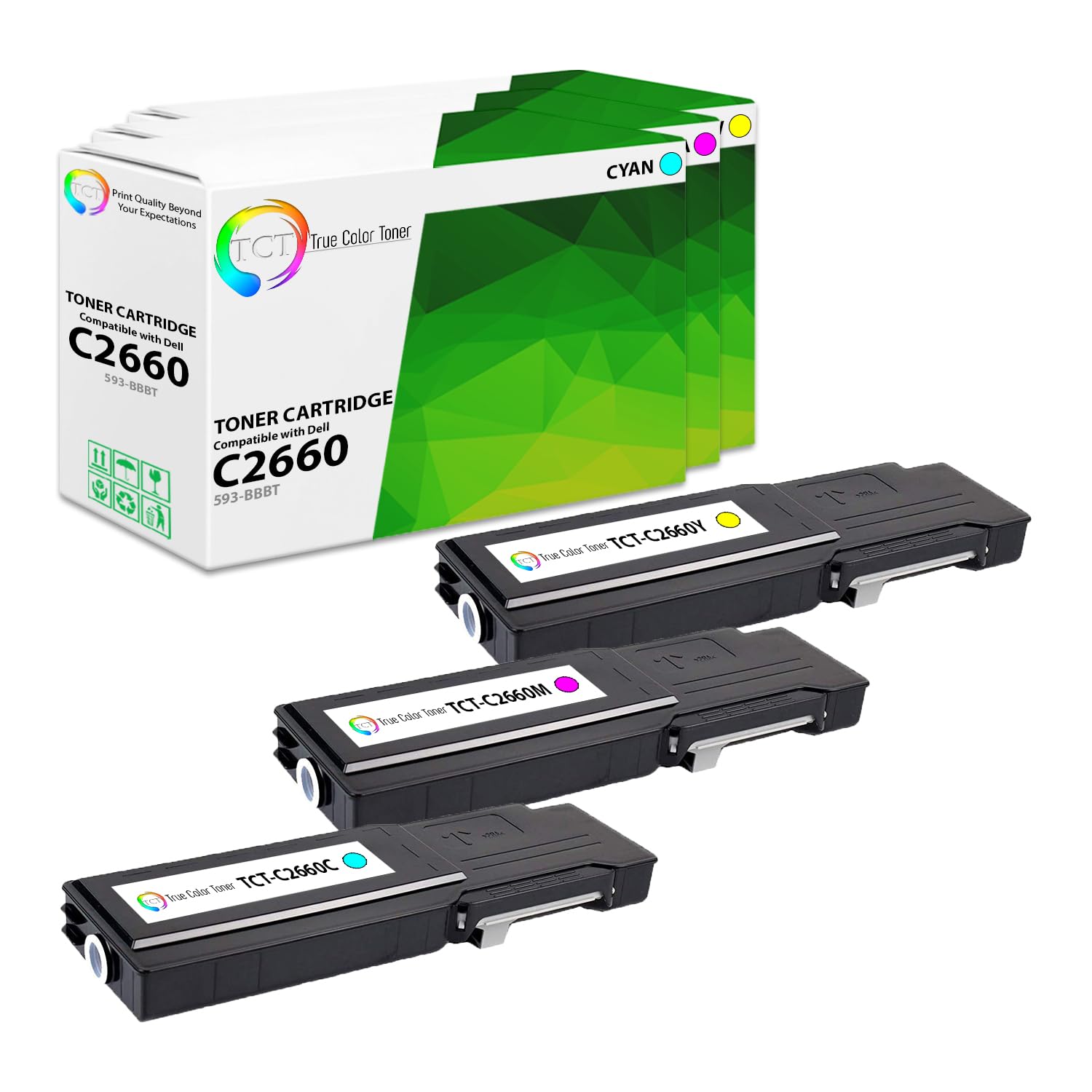Premium 3-Pack TCT 2660 Color Toner Cartridges - Compatible Replacement for Dell C2660DN & C2665DNF Printers (Cyan 593-BBBT, Magenta 593-BBBS, Yellow 593-BBBR) - High-Quality Printing for Office Documents & Business Reports