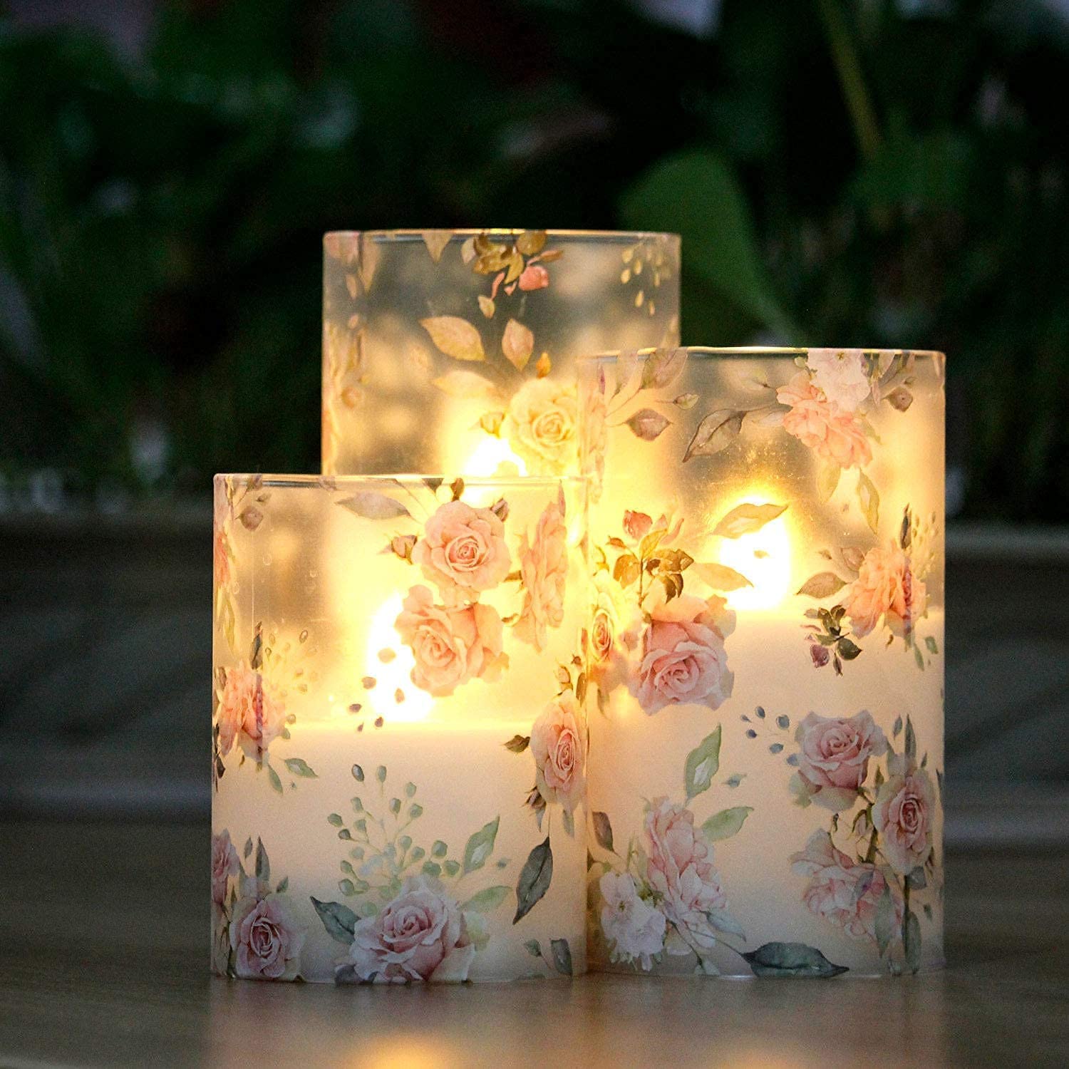 Realistic Pink Rose Flameless LED Candles with Remote - Battery Operated Flickering Glass Pillar Candles for Romantic Bedroom Decor, Wedding Centerpiece & Home Table Decoration