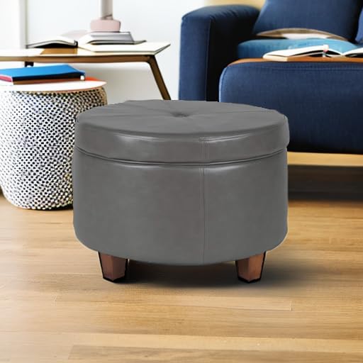 HomePop Large Round Leatherette Storage Ottoman with Lift-Top Lid - Charcoal Grey | Footrest, Coffee Table & Hidden Storage for Living Room, Bedroom & Office