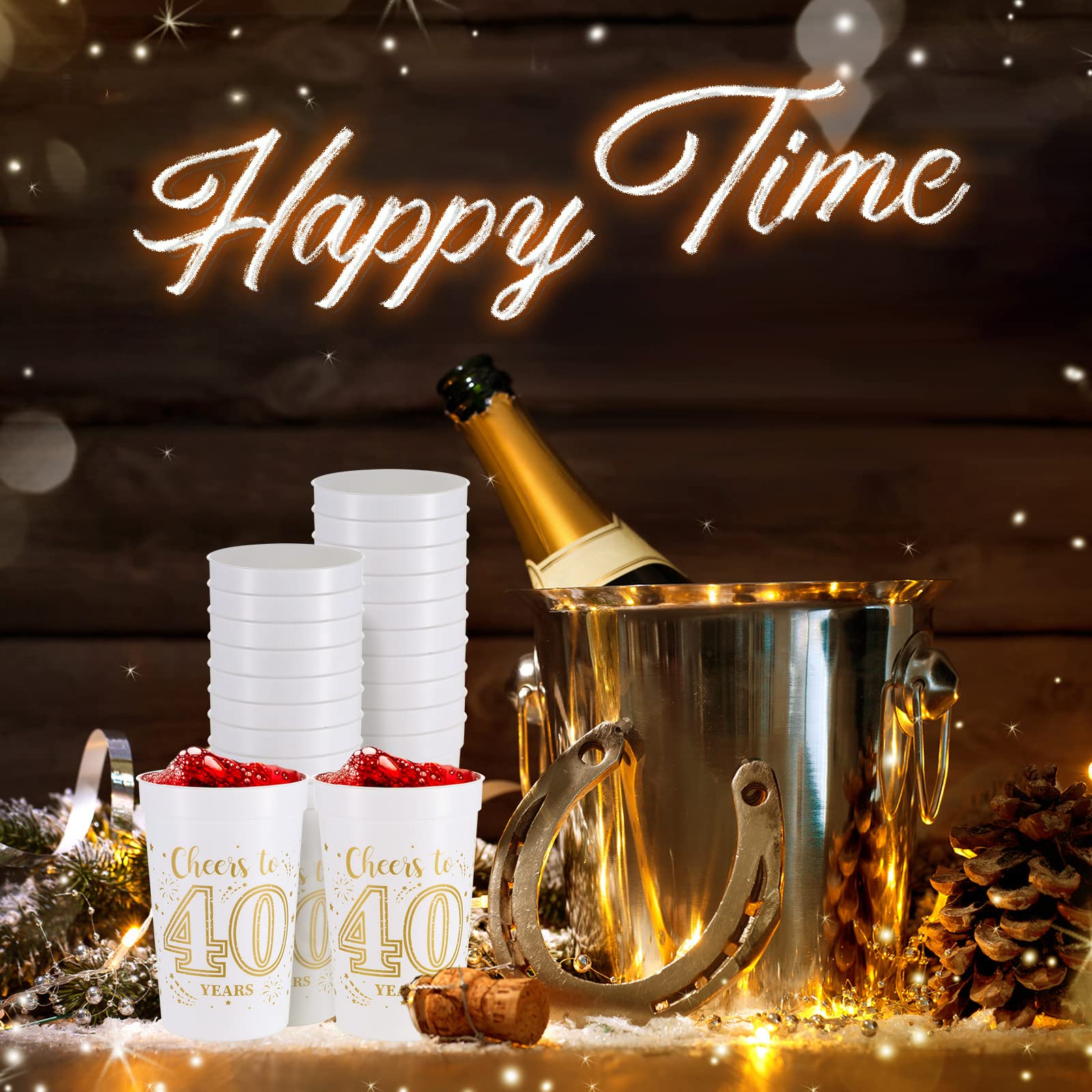 Lallisa 40 Pcs 16 oz Gold & White Plastic Stadium Cups - 40th Birthday Party Decorations & Favors for Cheers to 40 Years Celebration - Perfect for Birthday Parties, BBQs, and Outdoor Events