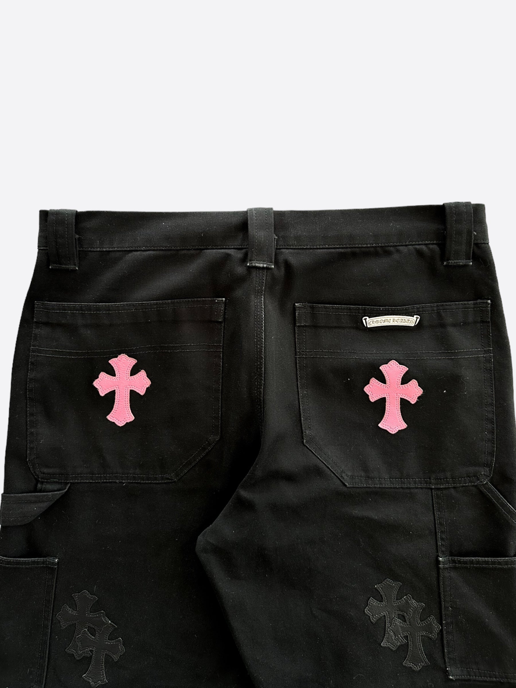 Chrome Hearts Black & Pink Cross Patch 1/1 Carpenter Pants - Vintage Punk Style Denim Pants for Men & Women | Perfect for Streetwear, Gothic Fashion & Concert Outfits