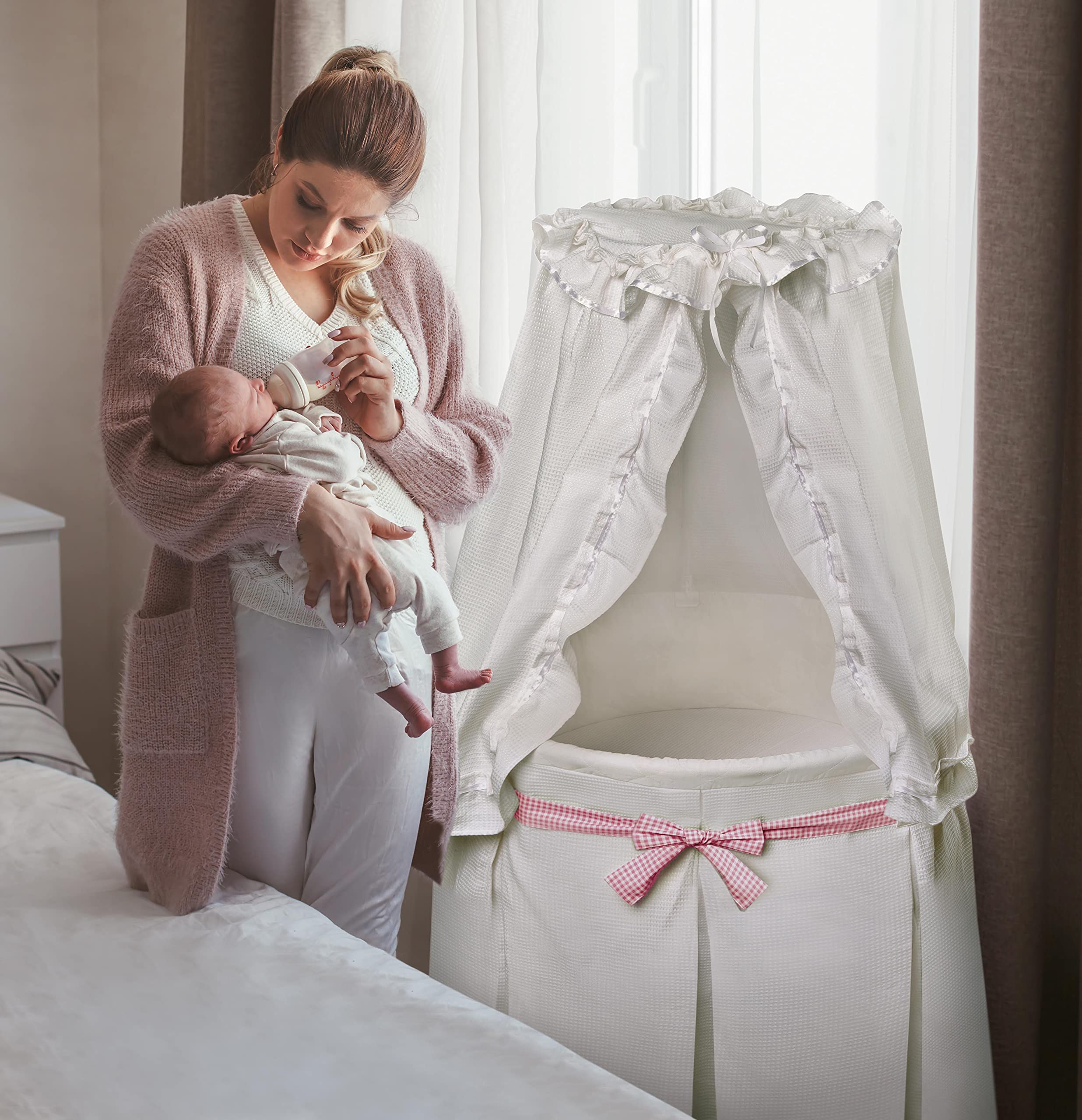 Badger Basket Empress Canopy Bassinet - White Round Rocking Baby Crib with Mattress, Bedding & Storage | Nursery, Bedroom, Newborn Sleep Solution