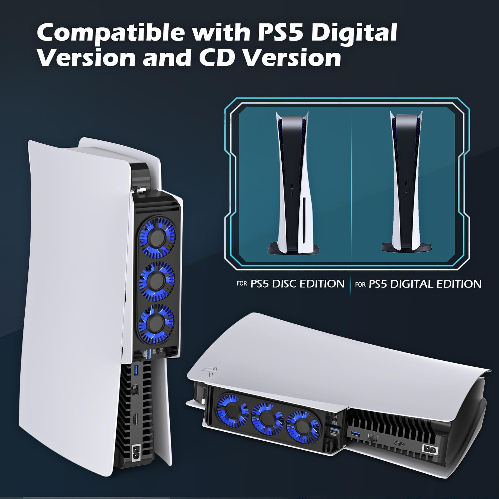 Upgraded PS5 Cooling Fan with LED Light & USB 3.0 Hubs - Quiet Horizontal Cooling System for PS5 Disc/Digital Edition - Perfect for Gaming Marathons & Console Protection