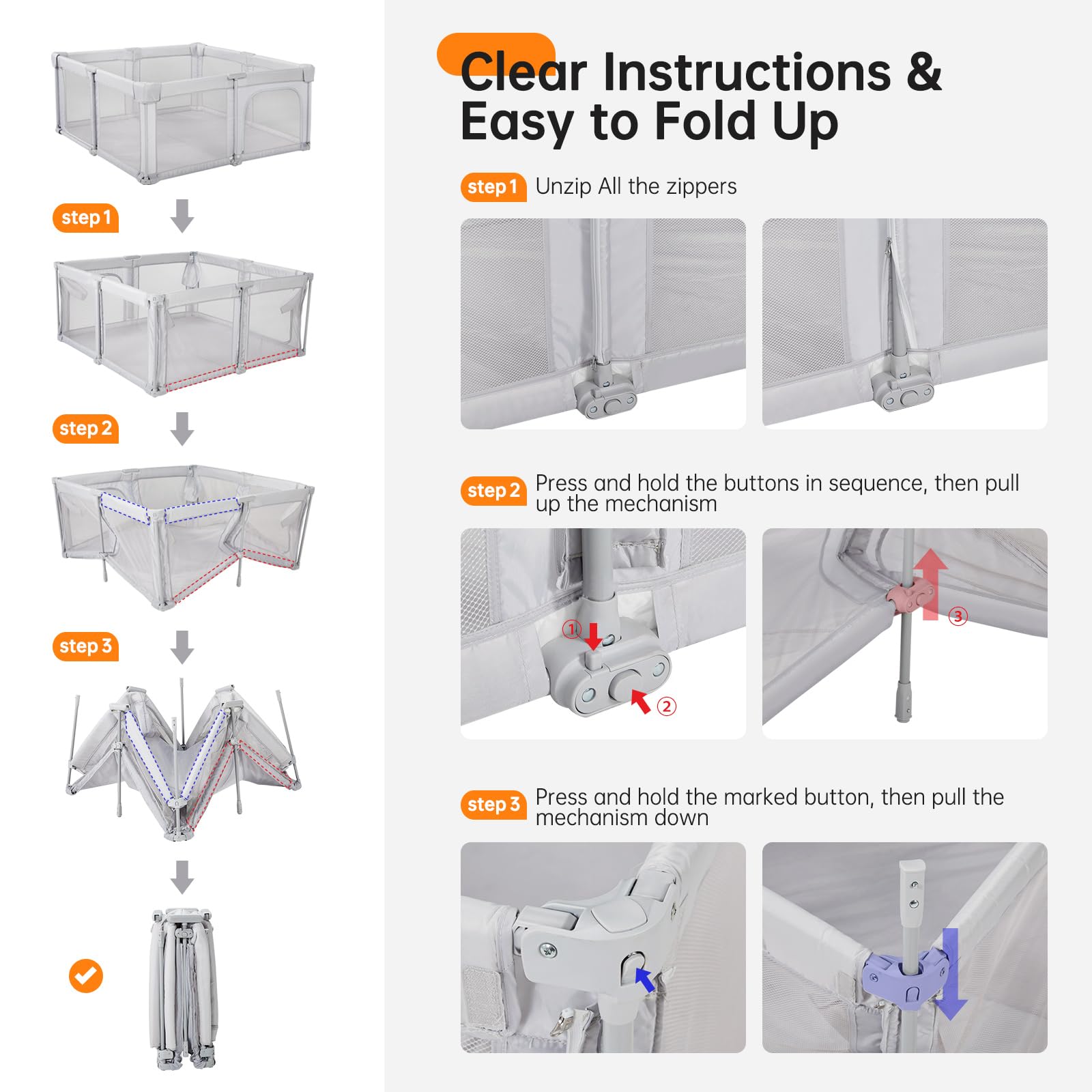 Foldable Baby Playpen - 59”x59” Portable Play Yard for Infants & Toddlers with Zipper Door | Indoor & Outdoor Safety Play Area | Light Grey Collapsible Playpen with Travel Bag | Perfect for Home, Park, and Travel Use