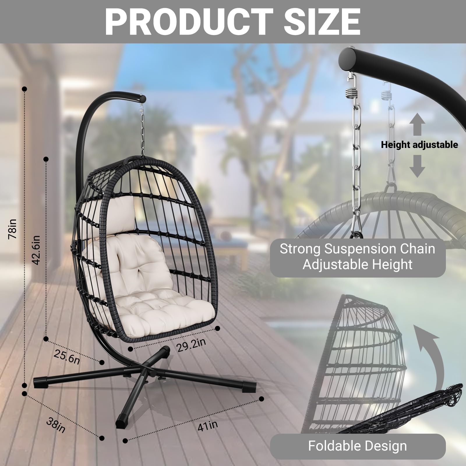 Egg Chair with Stand - Patio Rattan Wicker Hanging Swing Chair for Bedroom, Porch & Garden - Thickened Aluminum Alloy Steel Frame & UV-Resistant Cushion - 350LBS Capacity - Perfect for Relaxing Outdoors or Indoor Lounging