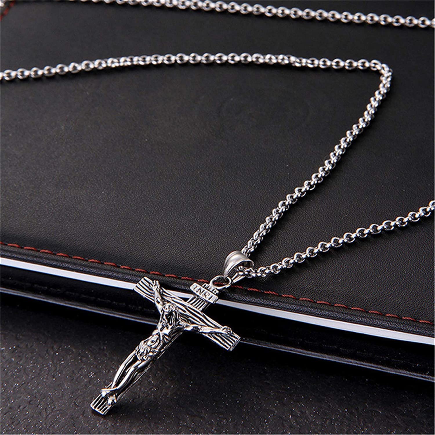 Stainless Steel Jesus Cross Necklace for Men & Women - Hammered Silver Cross Pendant Chain with 18-24 Inch Adjustable Length | Religious Jewelry Gift for Baptism, Confirmation & Daily Wear