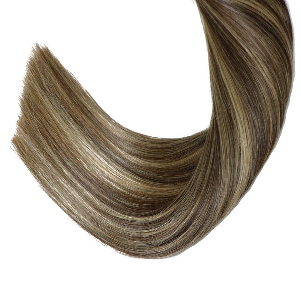 HUAYI Dark Brown Ombre Blonde Highlights Human Hair Extensions - 50g 20Pcs 18inch Tape-In Hair Weft, Soft Thick Ends, Tangle-Free, Long-Lasting Balayage Hair (Color 427, 18'') - Perfect for Parties, Weddings & Daily Styling