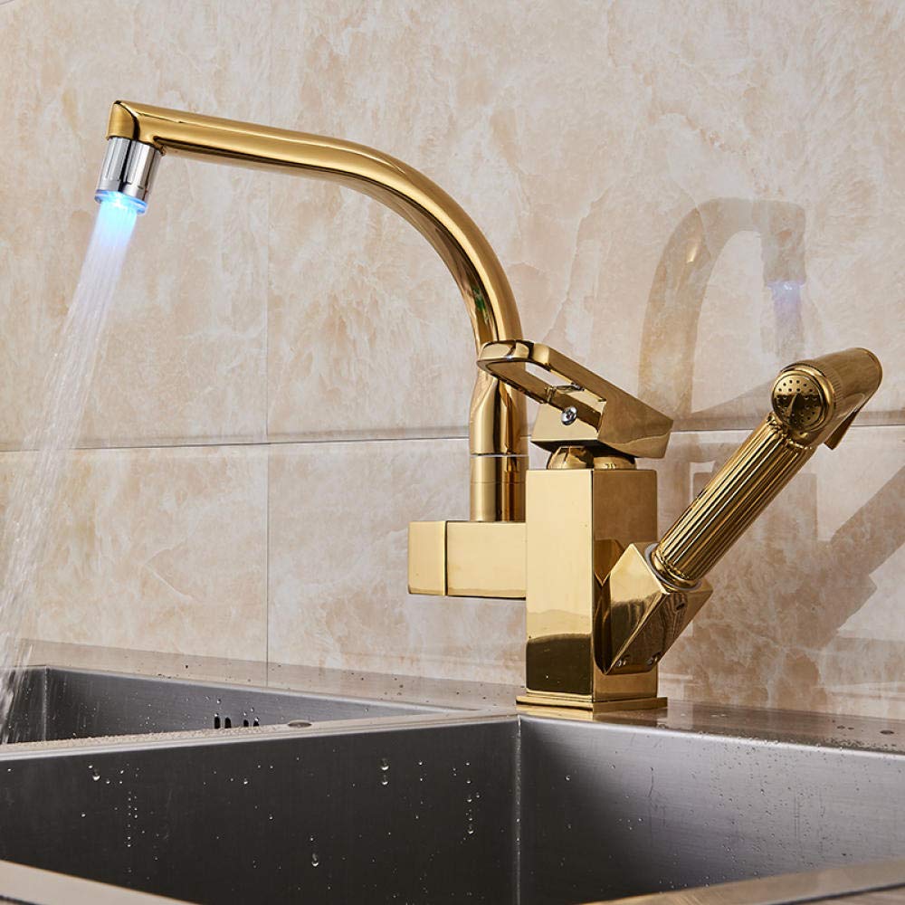 Premium Gold Kitchen Faucet with Pull-Out Sprayer - Single Handle Mixer Tap with Dual Swivel Spouts for Hot & Cold Water - Perfect for Modern Kitchens & Food Prep Stations
