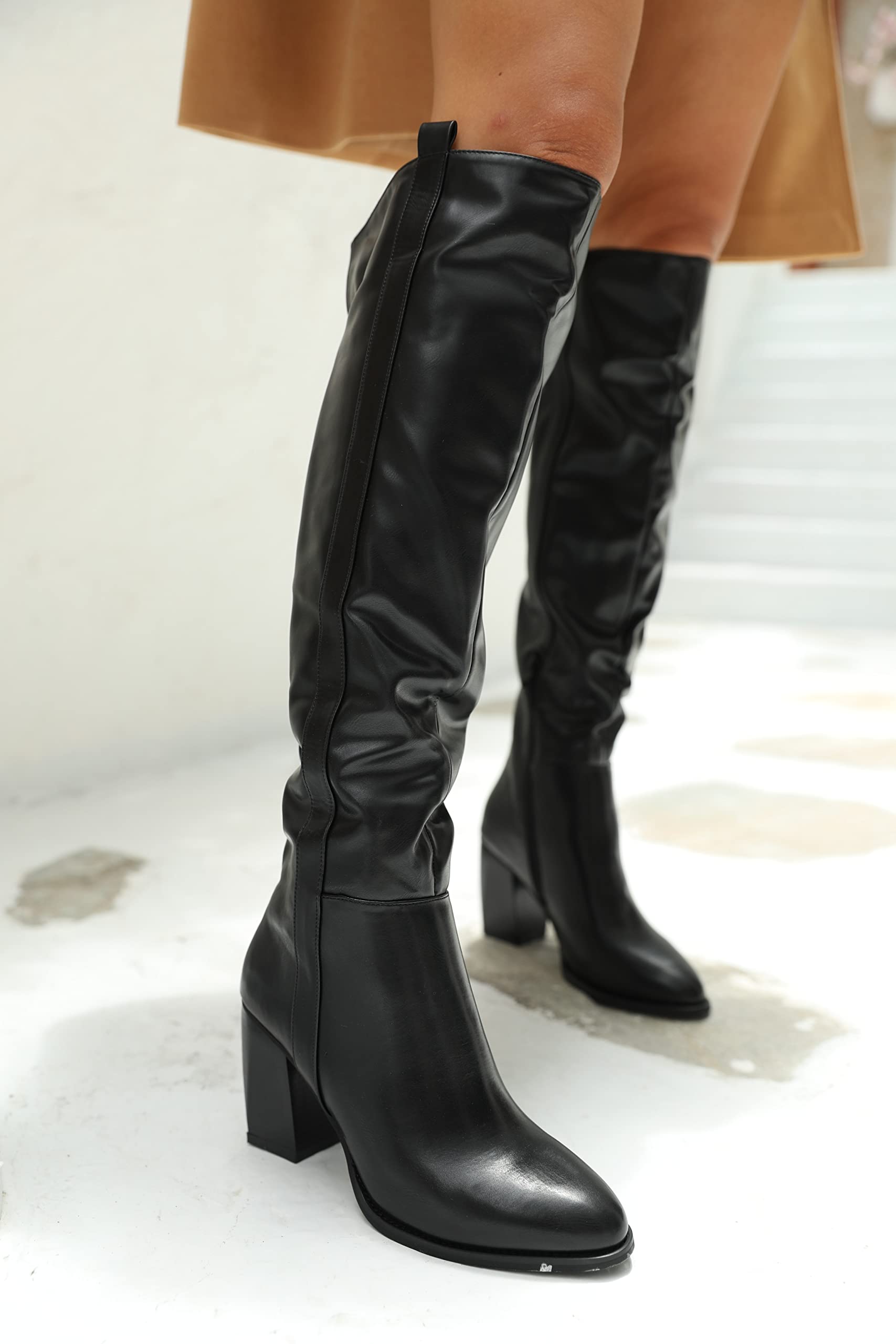 Ermonn Women's Faux Suede Knee High Boots with Side Zipper & Chunky Heel - Stretchable Winter Boots for Cold Weather, Snow & Outdoor Activities
