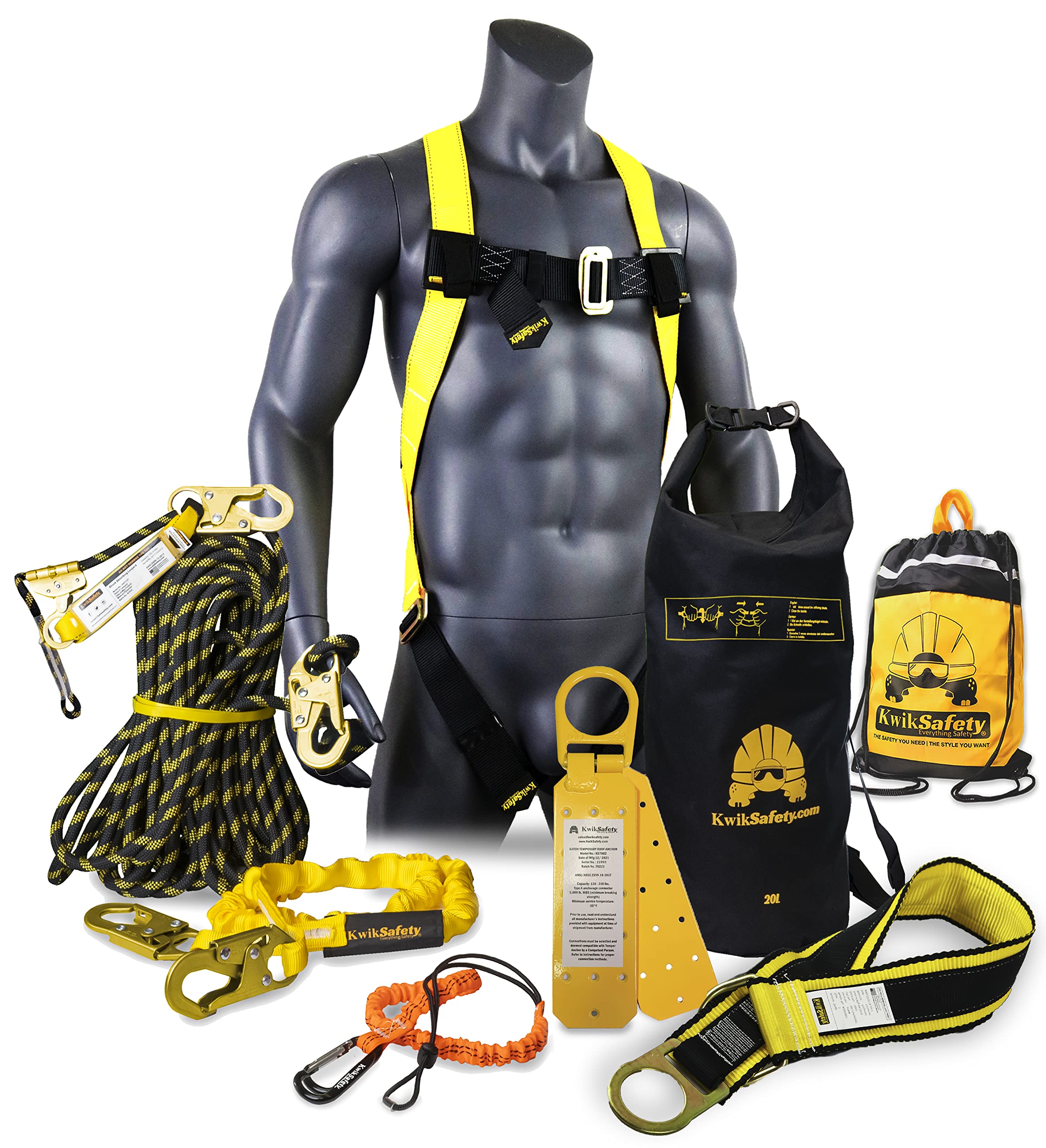KwikSafety Premium Braided Rope Tsunami Bundle - 25FT Vertical Lifeline, Safety Harness, Lanyard, Cross Arm Strap, Roof Anchor & 10L Dry Bag | OSHA ANSI Compliant | Ideal for Roofing, Construction & Industrial Fall Protection