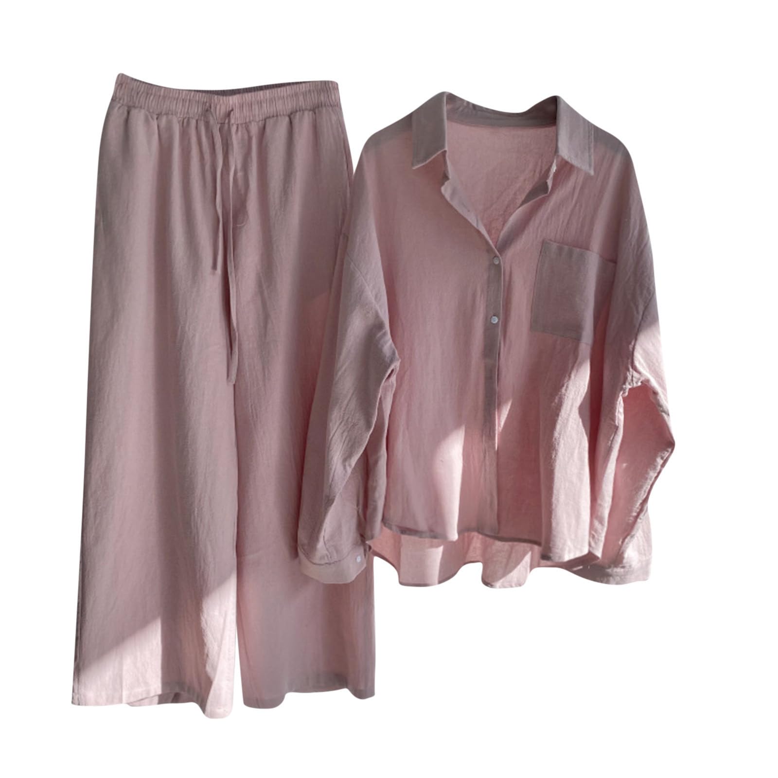 Women's 2-Piece Cotton Linen Outfit - Long Sleeve Shirt & Wide Leg Pants for Casual Wear