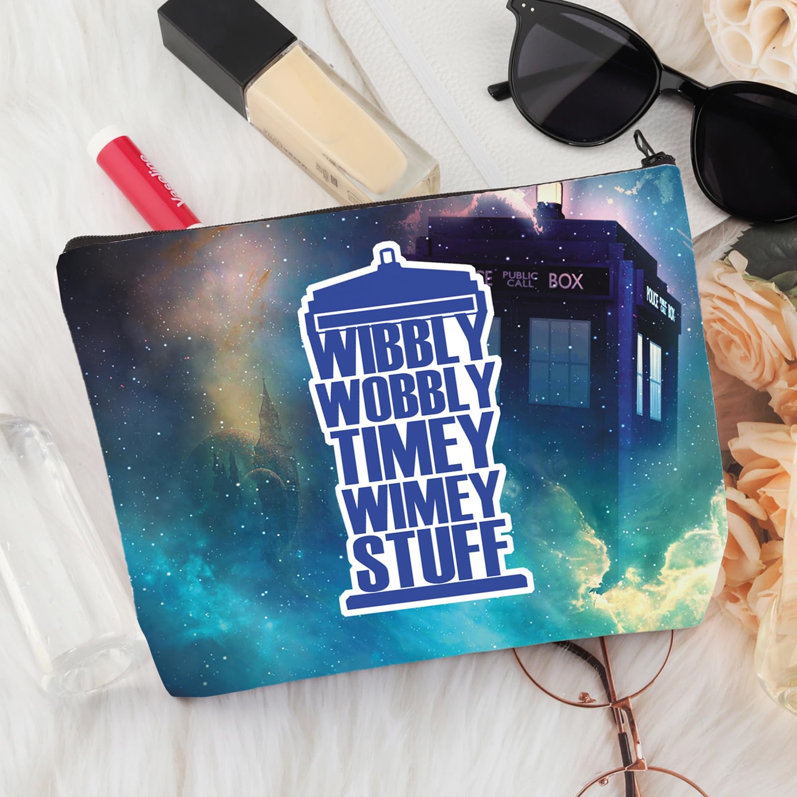 Doctor Who Inspired Makeup Bag - Police Box Design, Wibbly Wobbly Timey Wimey Themed Gift for Fans | Perfect for Cosplay, Conventions & Whovian Collectors