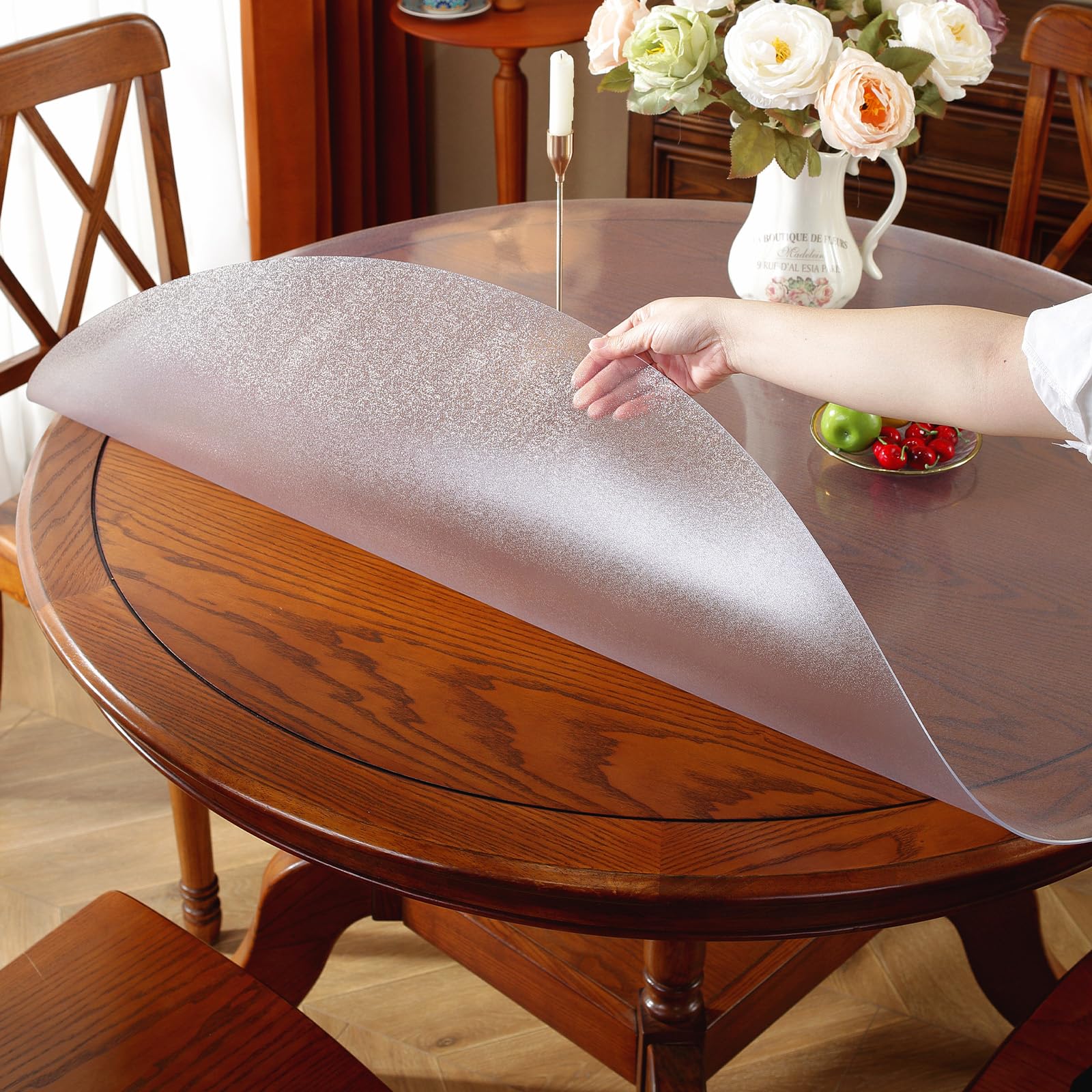 OstepDecor 43 Inch Frosted Round Table Cover Protector - Waterproof Thick Plastic Table Pad for Dining Room, Kitchen, Party & Outdoor Use