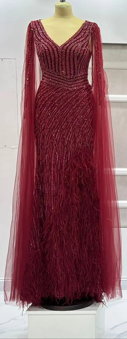 Elegant Black Mermaid Cape Sleeves Evening Gown with Beaded Feathers - Sexy High Slit Formal Dress for Women 2025 | Perfect for Prom, Gala, Red Carpet & Special Occasions
