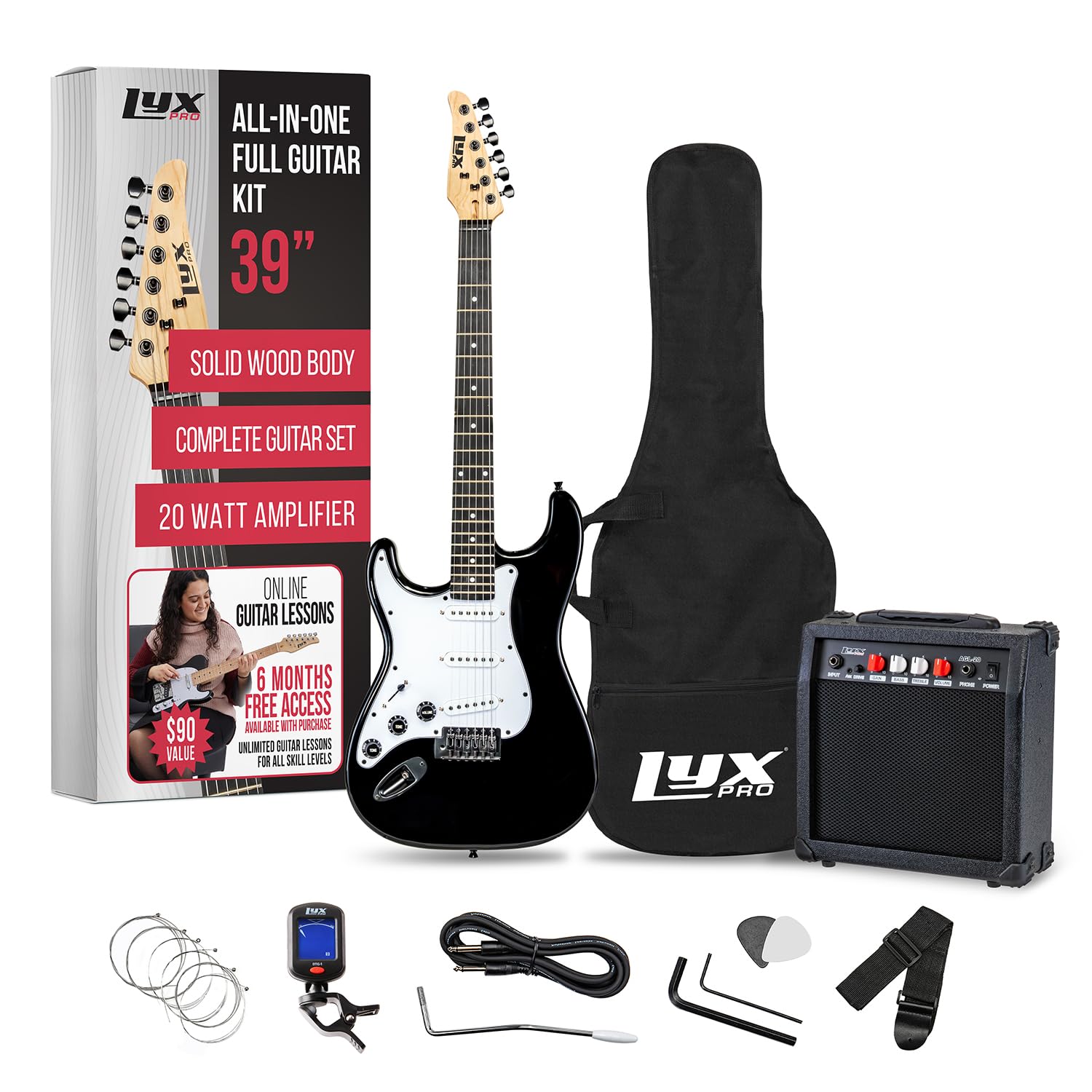 LyxPro Left Handed 39-Inch Full Size Electric Guitar Starter Kit for Beginners - Includes Amp, 6 Strings, 2 Picks, Shoulder Strap, Digital Clip-On Tuner, Cable & Soft Case (Black) - Perfect for Home Practice, Studio Recording & Live Performances
