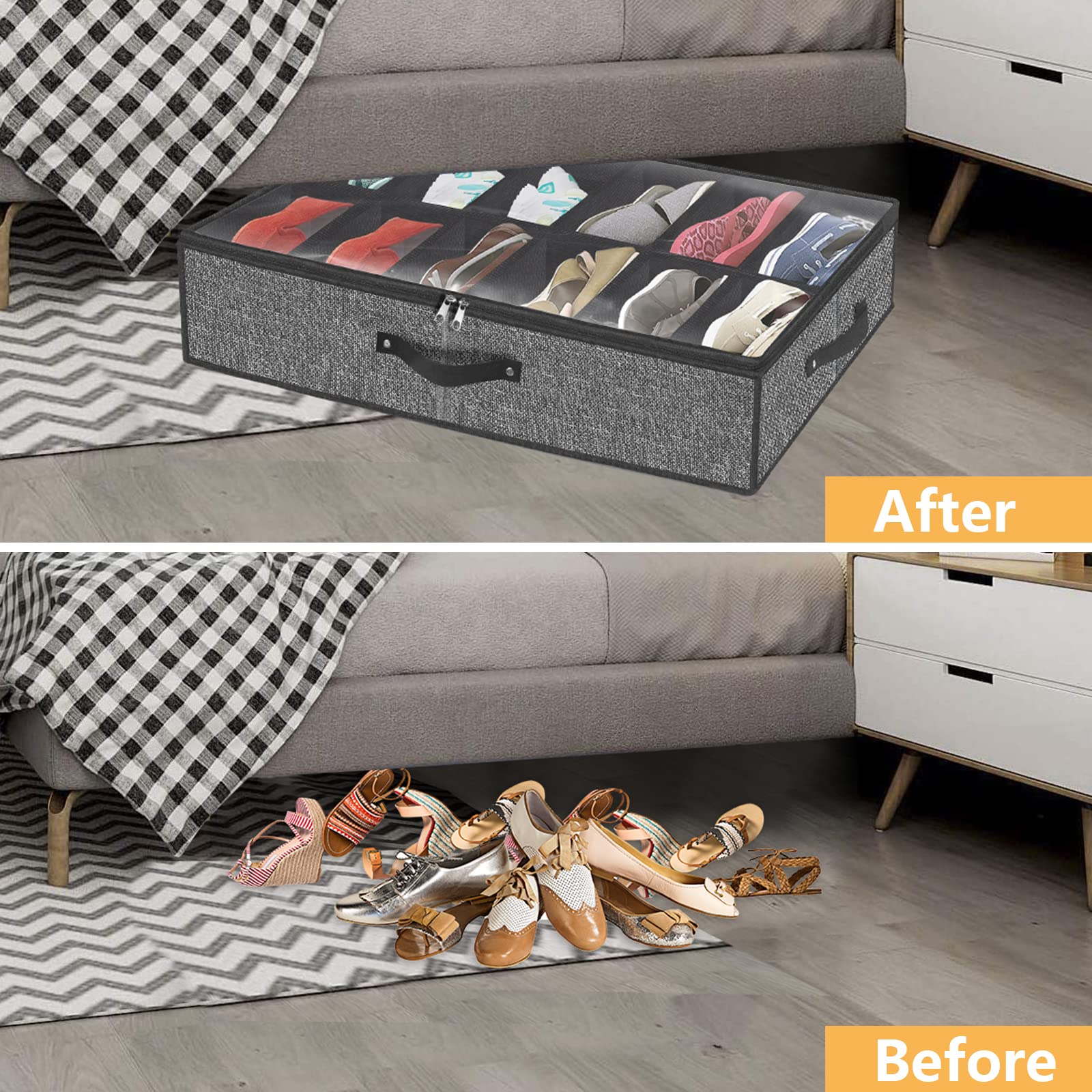 Homyfort Under Bed Shoe Organizer - Fits 12 Pairs of Shoes & 4 Pairs of Boots, Breathable Fabric Storage Solution for Men, Women & Kids - Space Saving Closet Organizer (Set of 2) - Perfect for Bedroom, Dorm & Apartment Organization