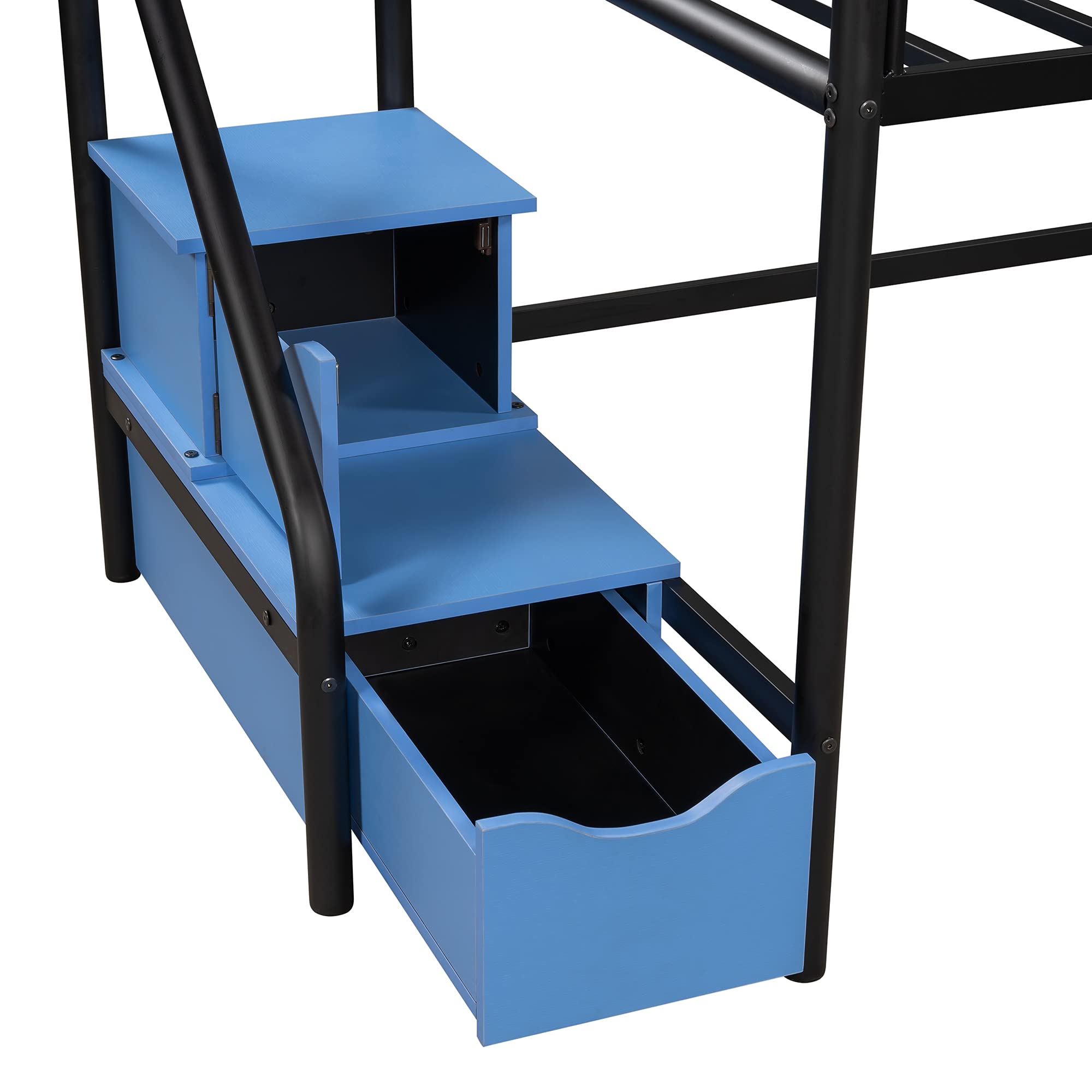Twin Size Low Loft Bed for Kids - Sturdy Metal Frame with 2 Storage Steps & Full-Length Safety Rail | Space-Saving Design, No Box Spring Needed (Blue) | Perfect for Small Bedrooms, Dorms & Kids' Rooms