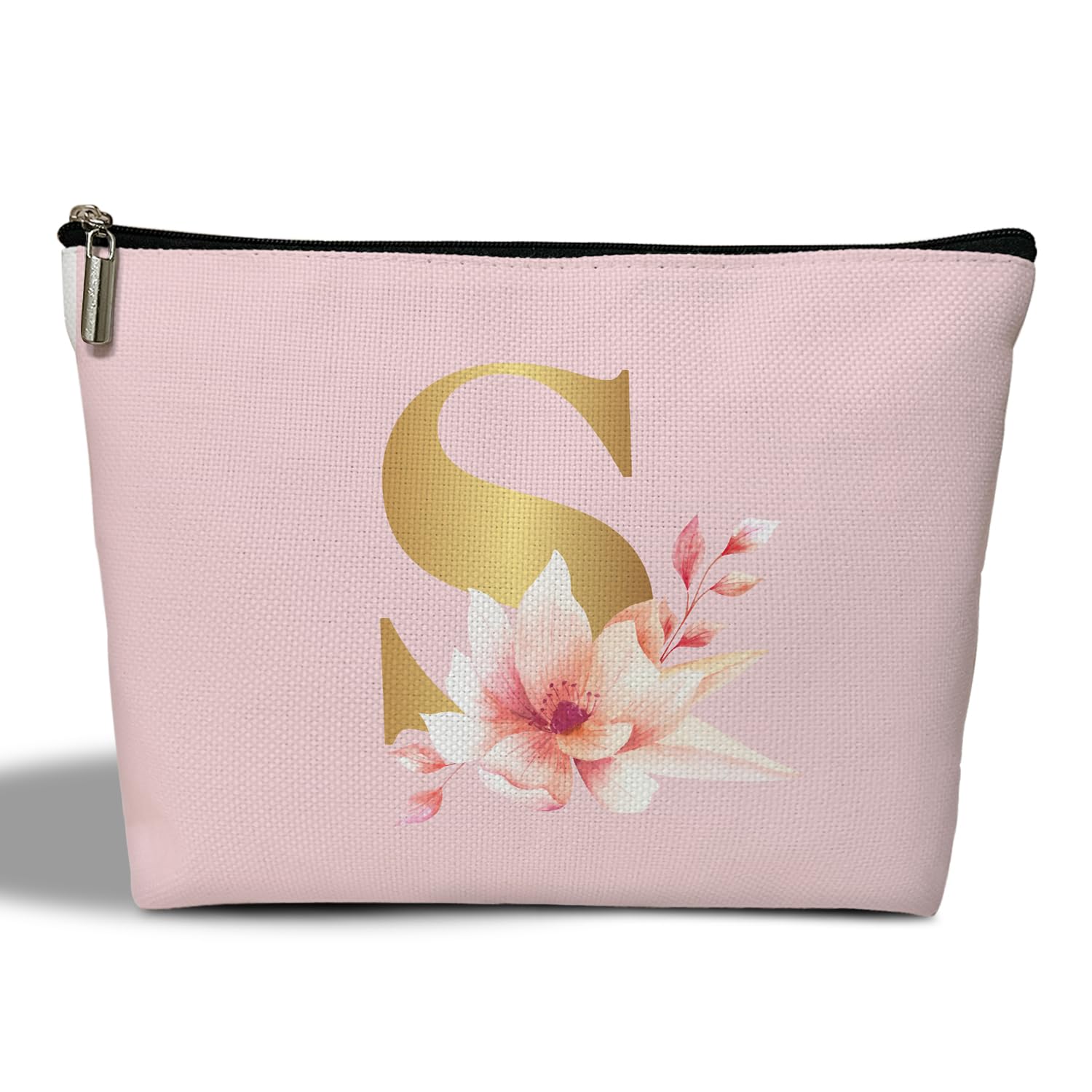 Personalized Monogram Makeup Bag for Women - Pink Initial Letter Cosmetic Pouch, Zipper Toiletry Organizer Travel Essentials Gift for Bride, Bridesmaid, Mom & Daughter (19