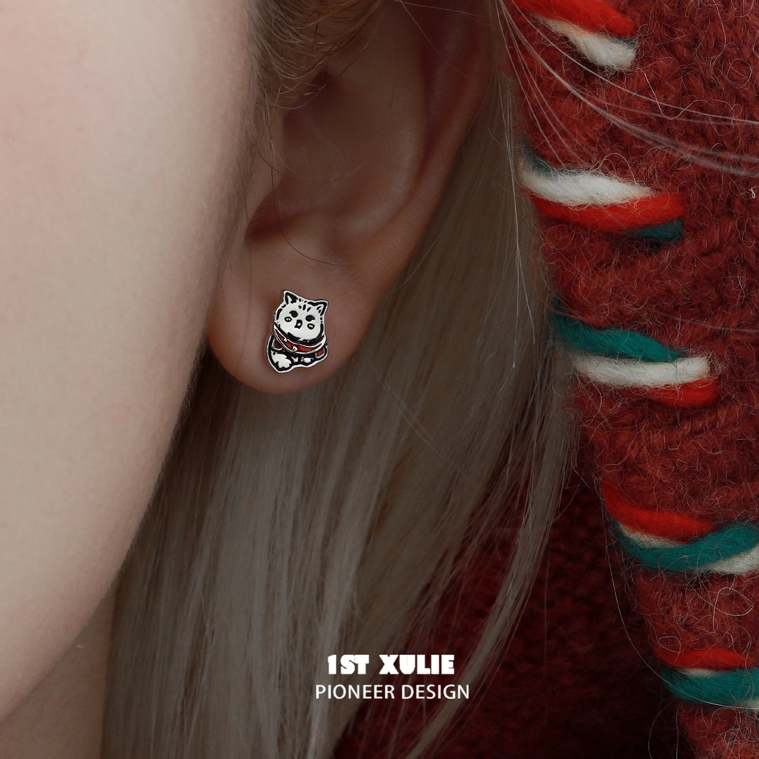 2024 Christmas Graffiti Kitten Sterling Silver Stud Earrings - S925 Hypoallergenic Jewelry for Women | Perfect Holiday Gift for Christmas Parties & Festive Celebrations