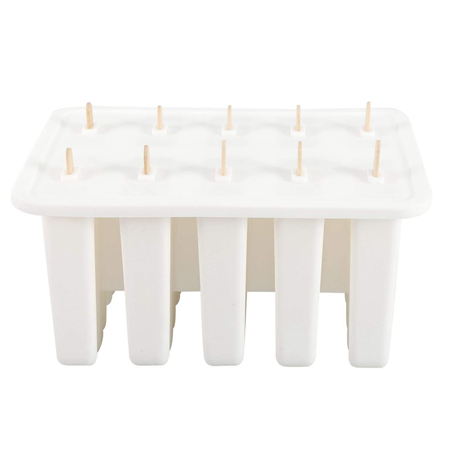 10-Cell Silicone Ice Cream Mold with 50 Popsicle Sticks - Reusable Freezer Safe Dessert Maker for Homemade Ice Cream, Chocolate & Candy - Perfect for Kids Parties, Summer Treats & DIY Desserts (White)