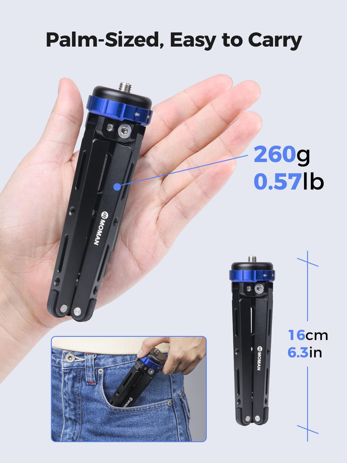 Moman Mini Tripod for Camera - Compact Aluminum Tabletop Tripod with 1/4 & 3/8 Screw Mount, 80kg Load Capacity (Blue Black) - Perfect for Travel, Vlogging, DSLR & Mirrorless Cameras