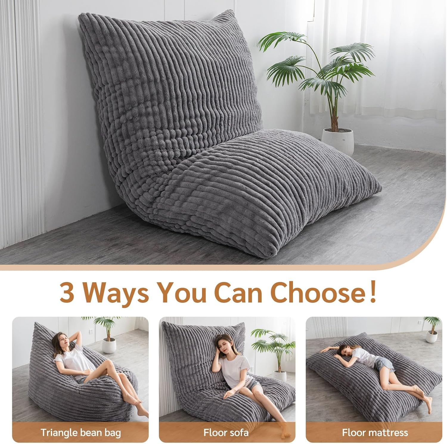 MAXYOYO 3-in-1 Convertible Bean Bag Chair - Soft Striped Faux Fur Large Floor Pillow for Kids & Adults - Dark Grey - Perfect for Living Room, Bedroom & Game Room Relaxation
