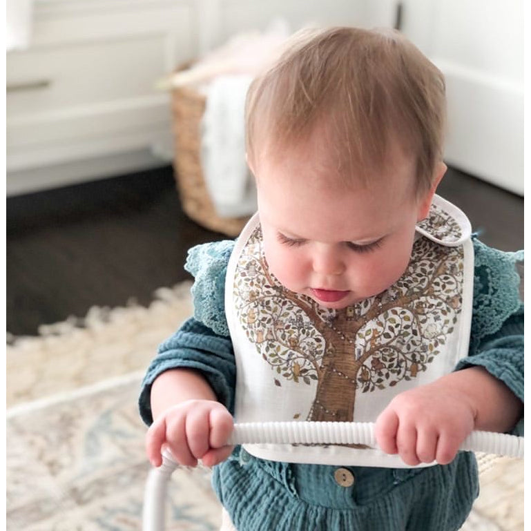 Atelier Choux Premium Baby Bib - Friends & Family Tree Design with Gold Snaps | Soft & Absorbent for Mealtime, Travel & Everyday Use