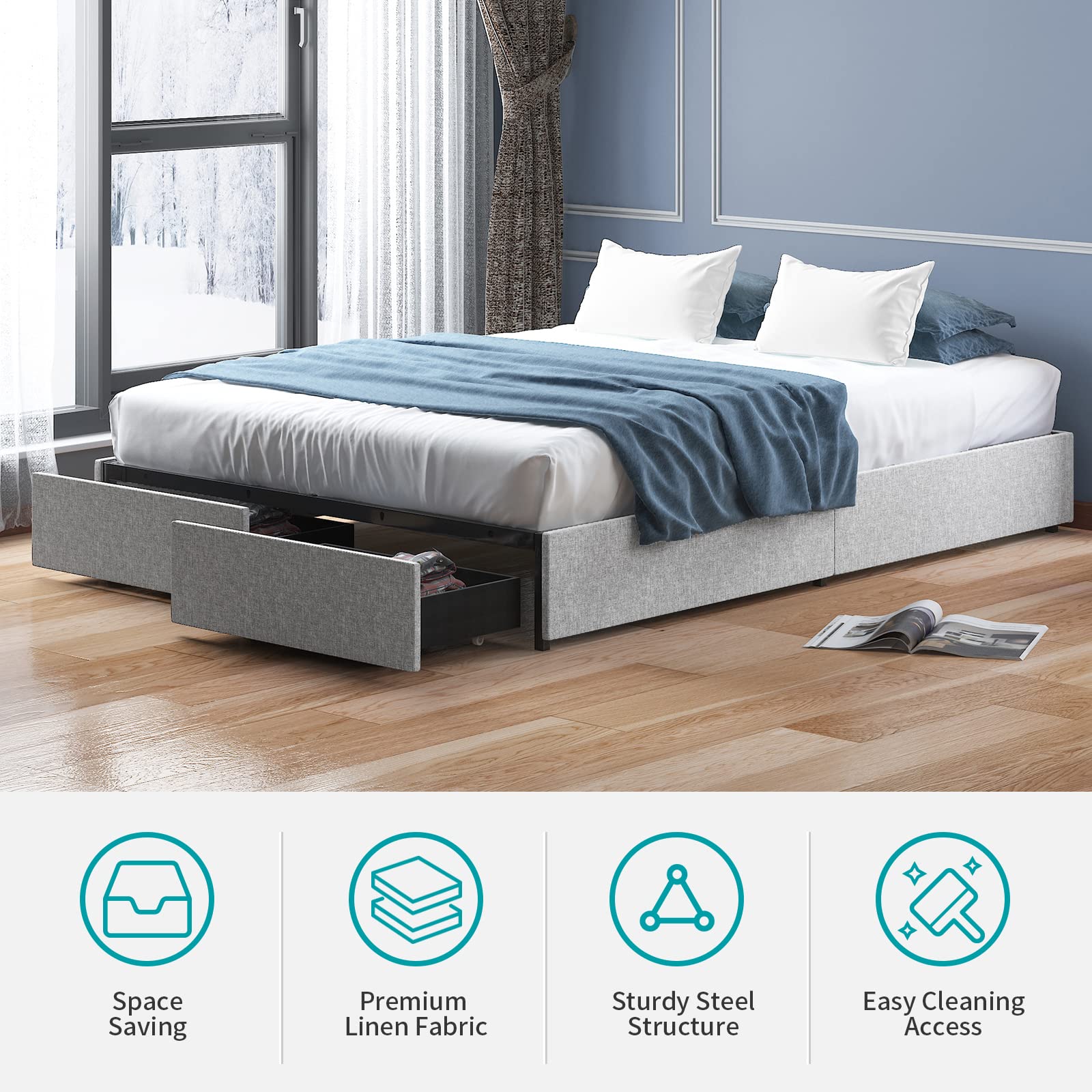 BALUS Queen Upholstered Platform Bed Frame with Storage Drawers - Heavy Duty Wood Slat Support, No Box Spring Needed, Noise Free & Easy Assembly, Light Grey - Perfect for Small Bedrooms & Guest Rooms with Extra Storage Space