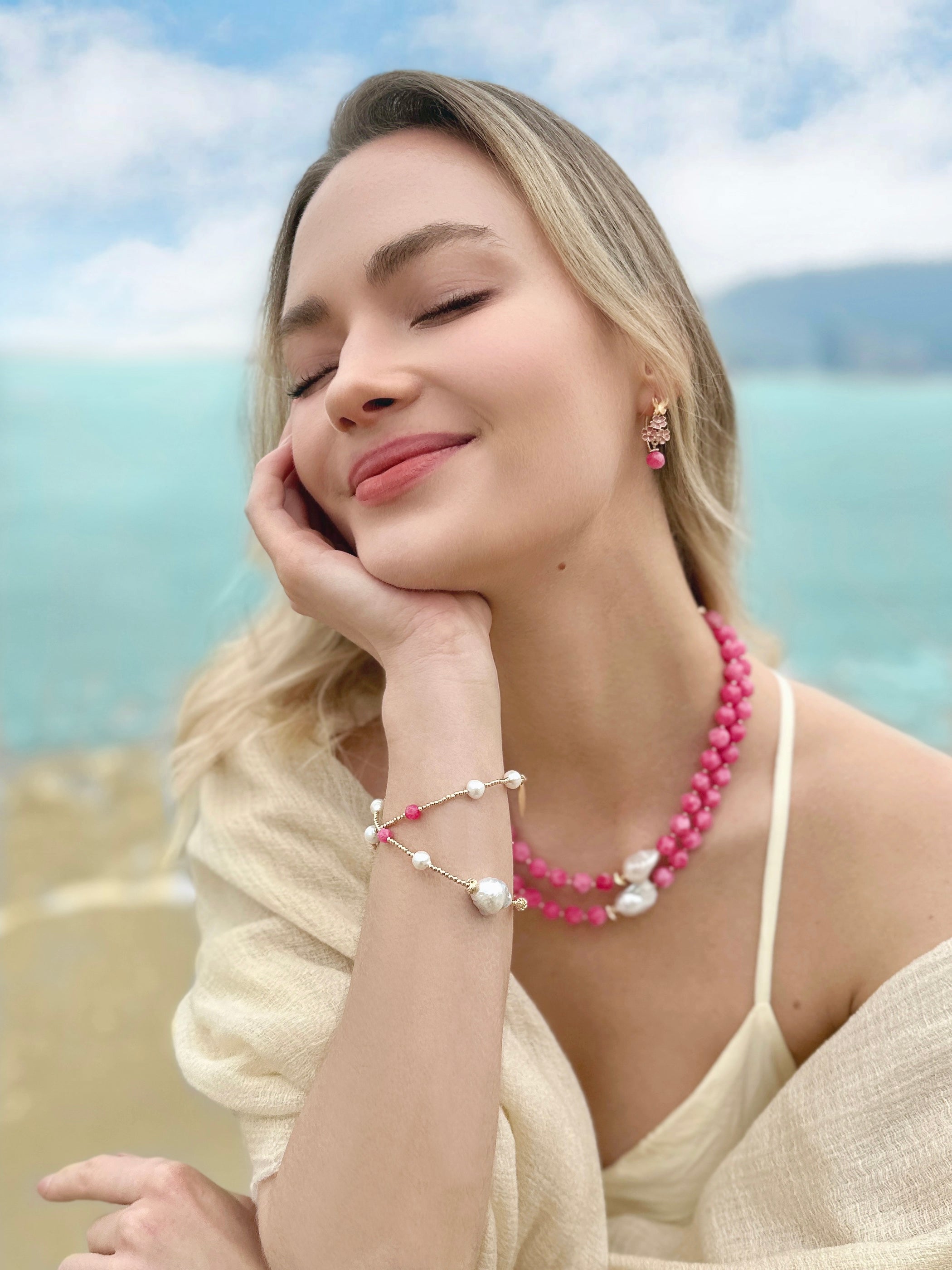 Pink Gemstone Dangle Earrings - Glazed Flower Design LE002 | Elegant Jewelry for Women, Perfect for Weddings, Parties & Special Occasions