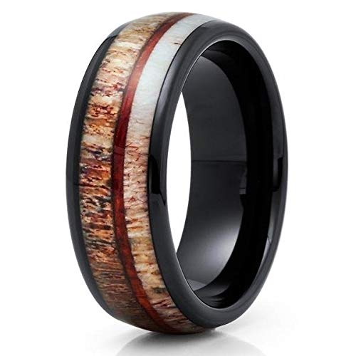 Black Tungsten Wedding Ring for Men - 8mm Comfort Fit Deer Antler & Koa Wood Inlay - Durable Anniversary Band for Outdoor & Formal Occasions