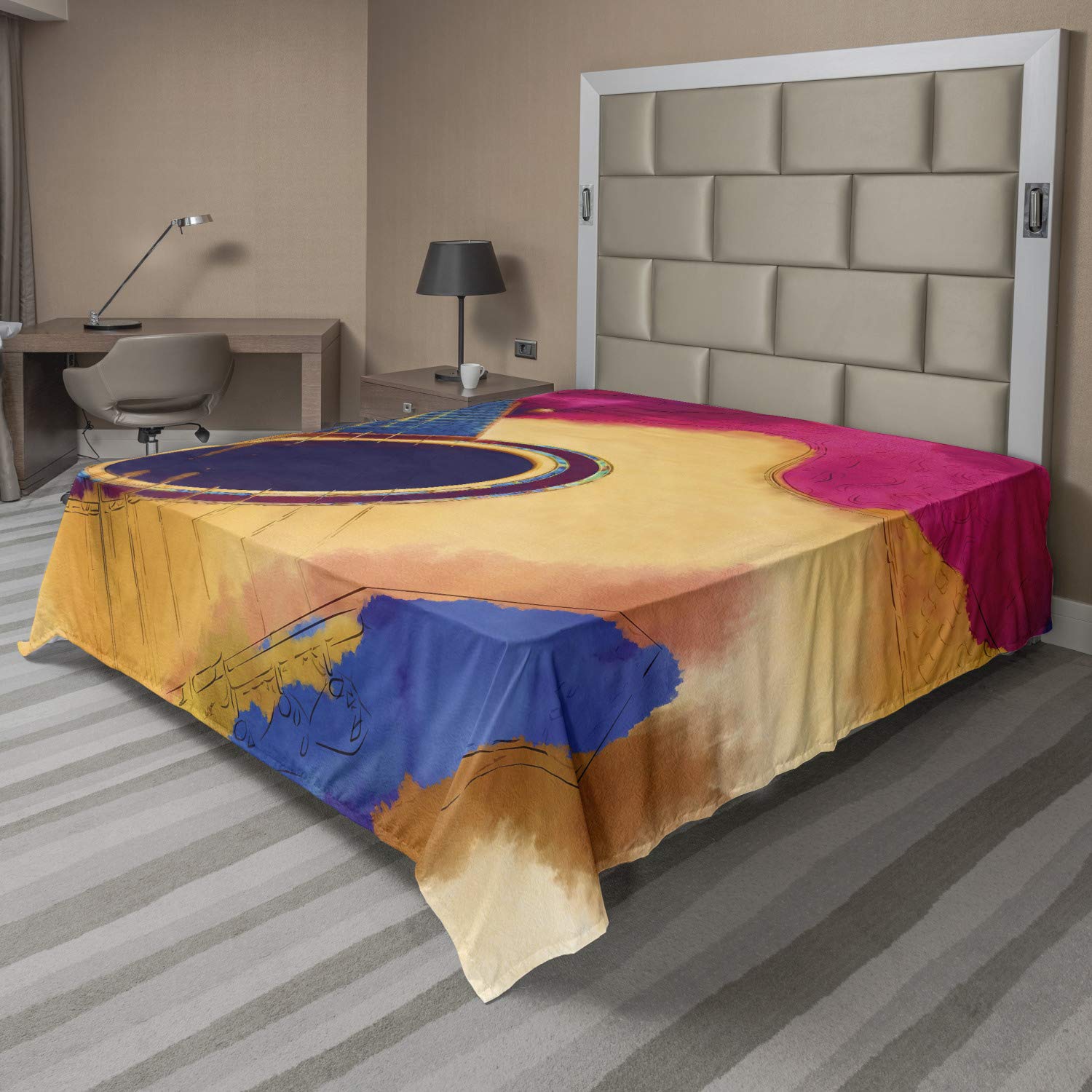 Ambesonne King Size Guitar Flat Sheet - Abstract Strings Watercolor Design, Vintage Inspired Soft & Comfortable Bedding (1 Piece, Violet Blue Magenta) | Perfect for Music Lovers' Bedroom Decor & Gift Ideas