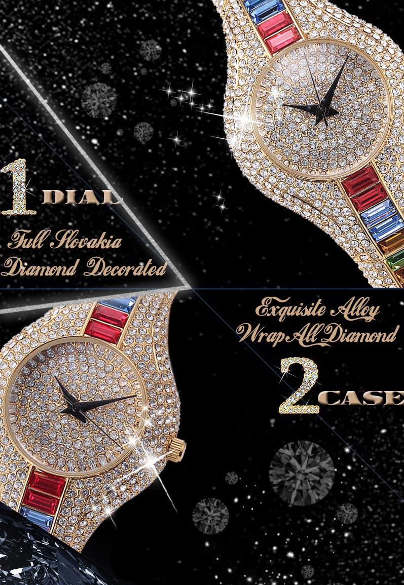 MASTOP Luxury Unisex Hip Hop Diamond Watch - Bling Colorful Analog Quartz Bracelet Dress Wristwatch for Men & Women | Perfect for Parties, Gifts, and Fashion Accessories