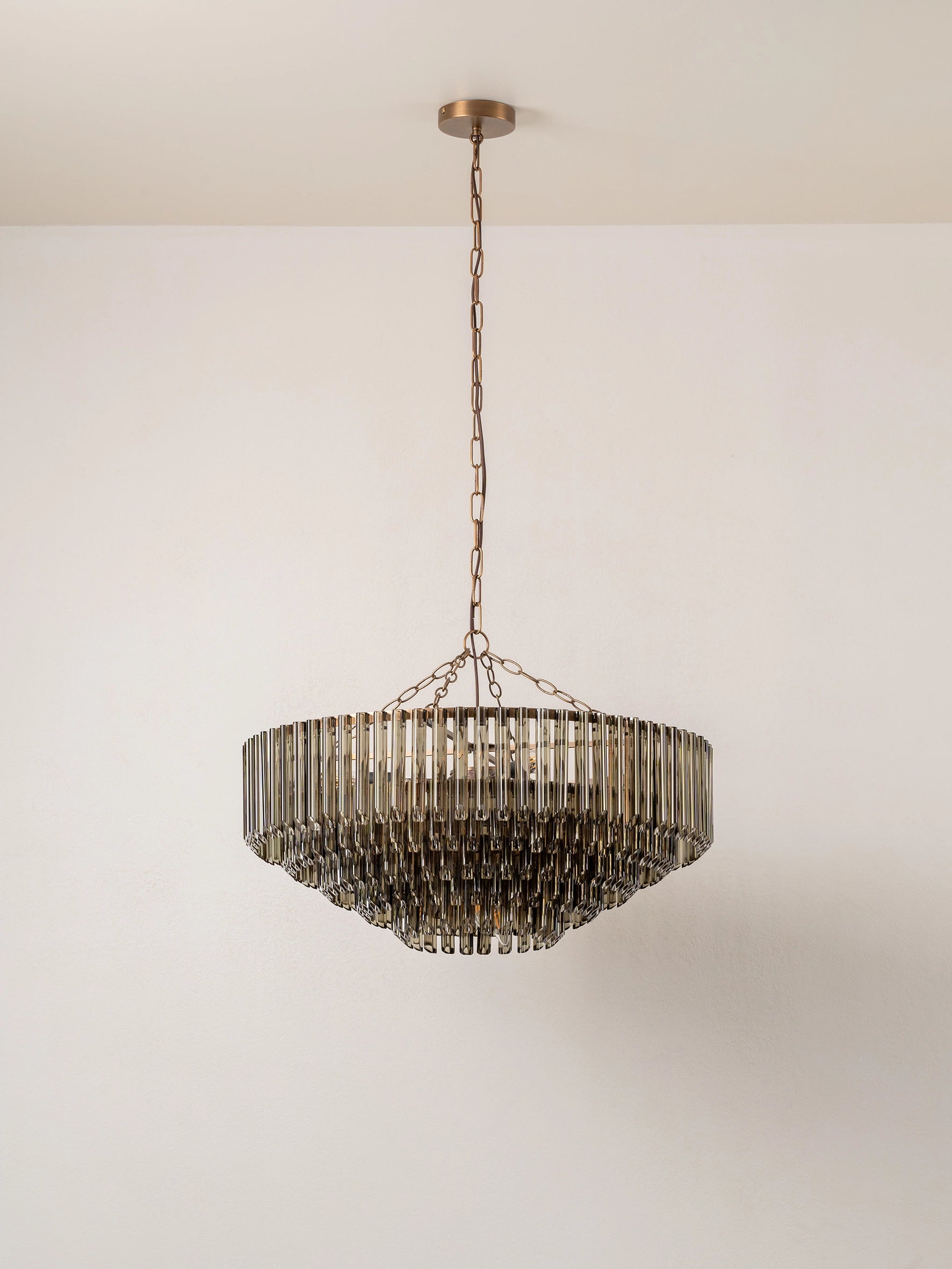 Petalia 9-Light Chandelier - Aged Brass & Smoked Green Glass Tube Design for Dining Room, Living Room, or Entryway Lighting