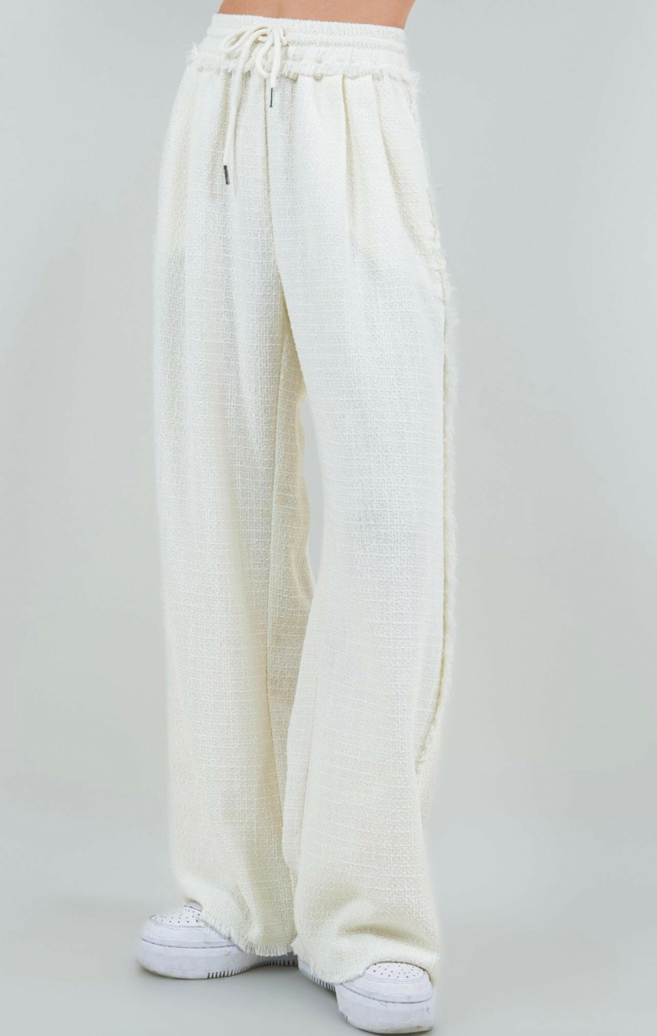 Bohemian Ivory Wide Leg Drawstring Fringe Pants for Women - Comfortable & Stylish Lounge Pants for Yoga, Beach, and Casual Wear