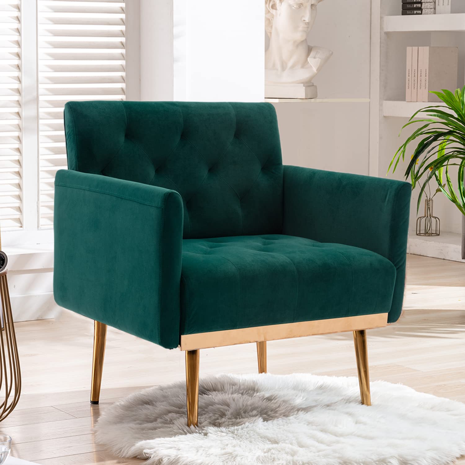 JOYBASE Velvet Accent Chair - Mid Century Modern Tufted Armchair with Sturdy Metal Legs, Comfortable Reading Chair for Living Room & Bedroom (Green) | Perfect for Cozy Corners, Home Offices & Lounge Areas