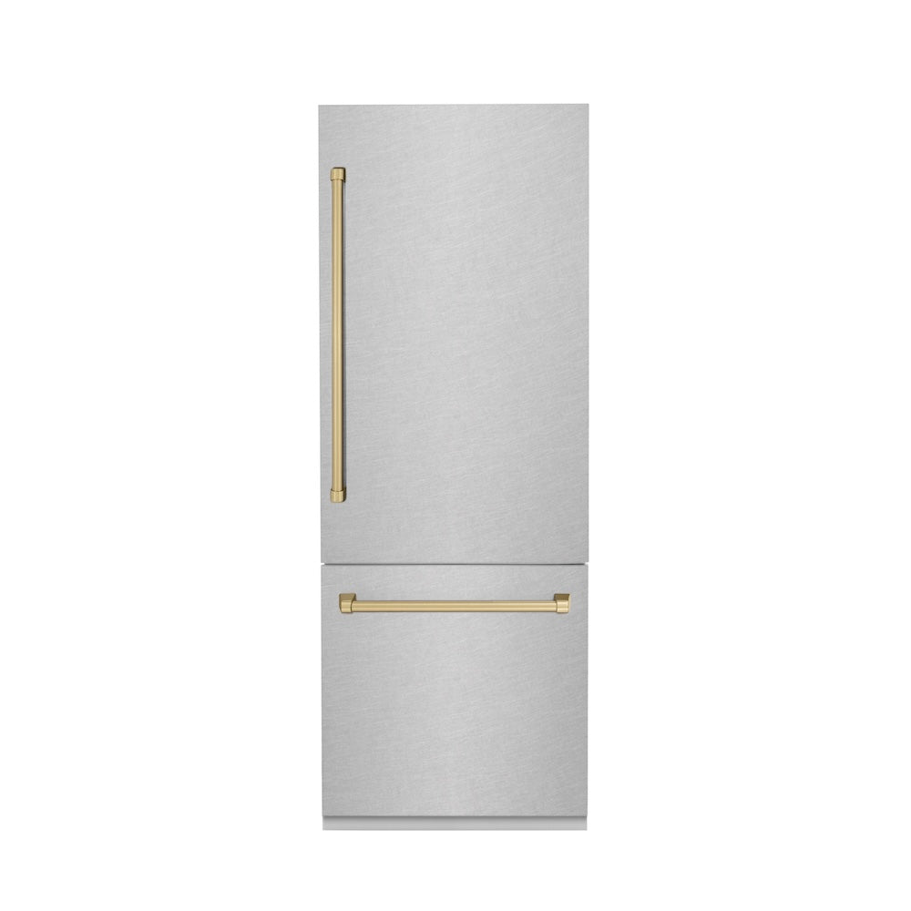 ZLINE Autograph Edition 30-Inch Built-In Bottom Freezer Refrigerator - 16.1 cu.ft Capacity, Water Dispenser & Ice Maker - Satin Stainless Steel with Champagne Bronze Accents (RBIVZ SN 30 CB) - Perfect for Modern Kitchens, Open-Concept Homes & Luxury Appliances Collection
