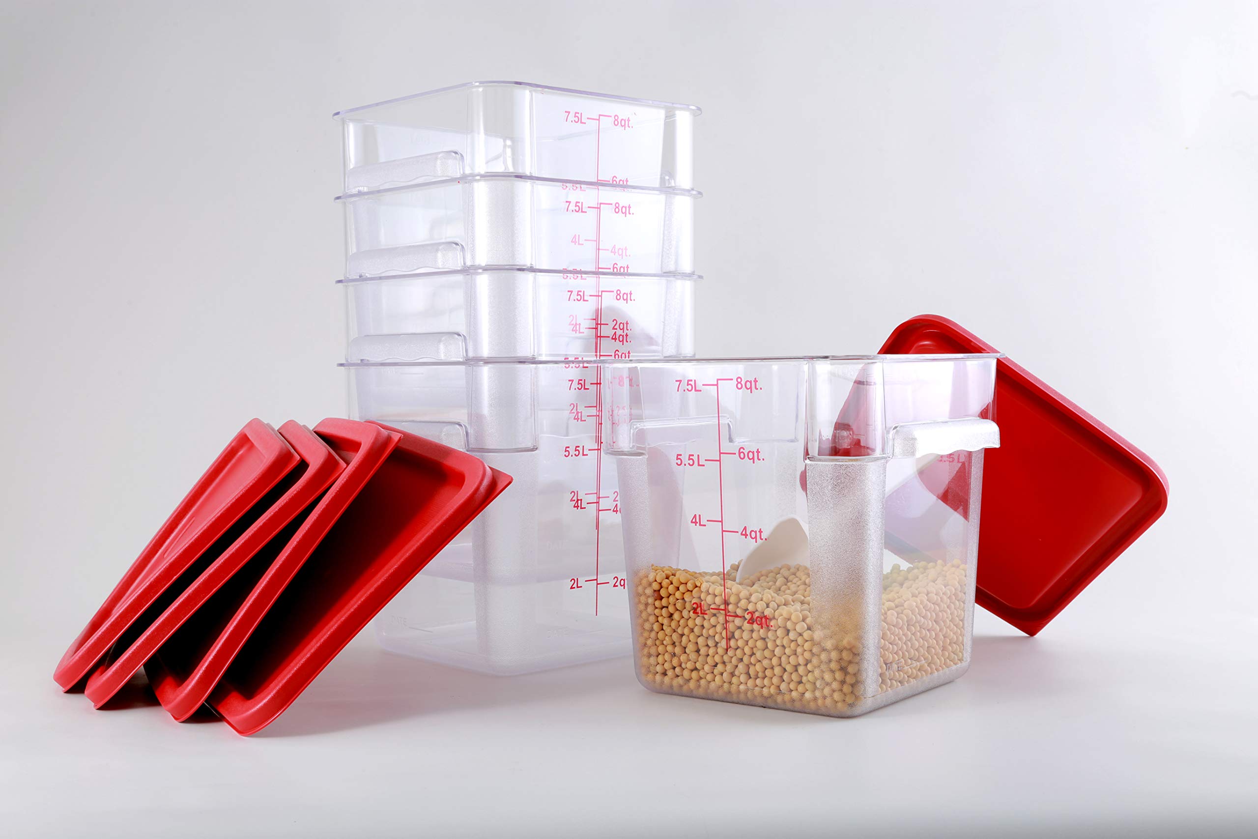 5-Pack Clear Polycarbonate 8 Qt Commercial Grade Square Food Storage Containers with Lids - Durable, BPA-Free for Restaurant, Catering, Meal Prep & Bulk Food Storage