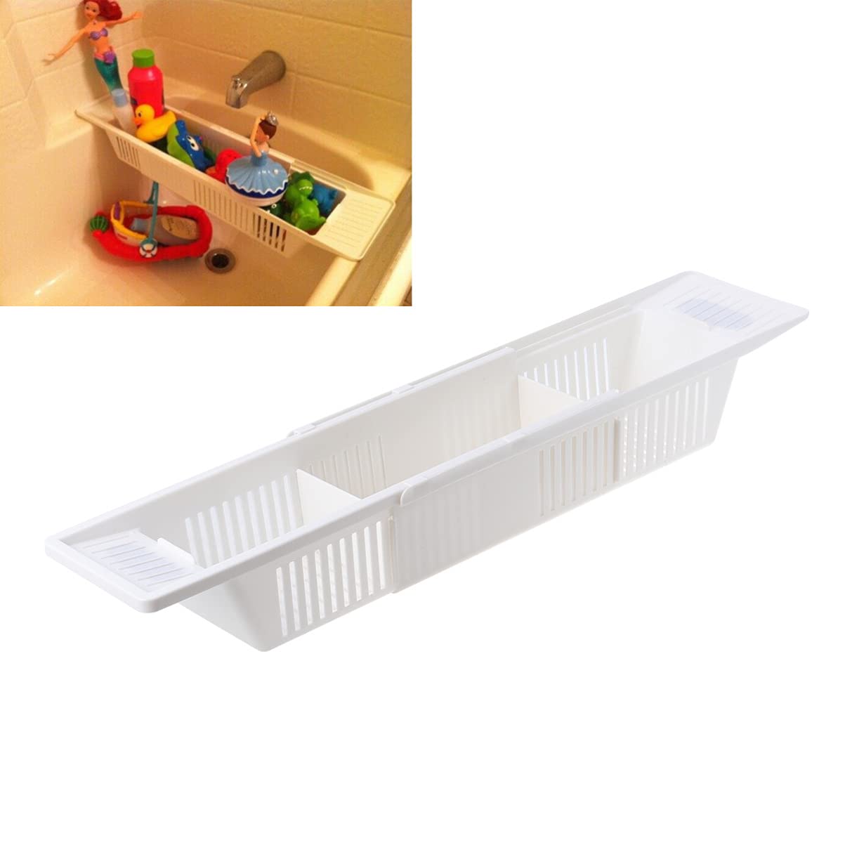 ARTIBETTER Retractable Bathtub Holder - Extendable Shower Shelf & Bath Organizer | Plastic Bathtub Storage Basket for Toiletries | Space-Saving Bathroom Storage Solution (Perfect for Small Bathrooms & Apartment Living)