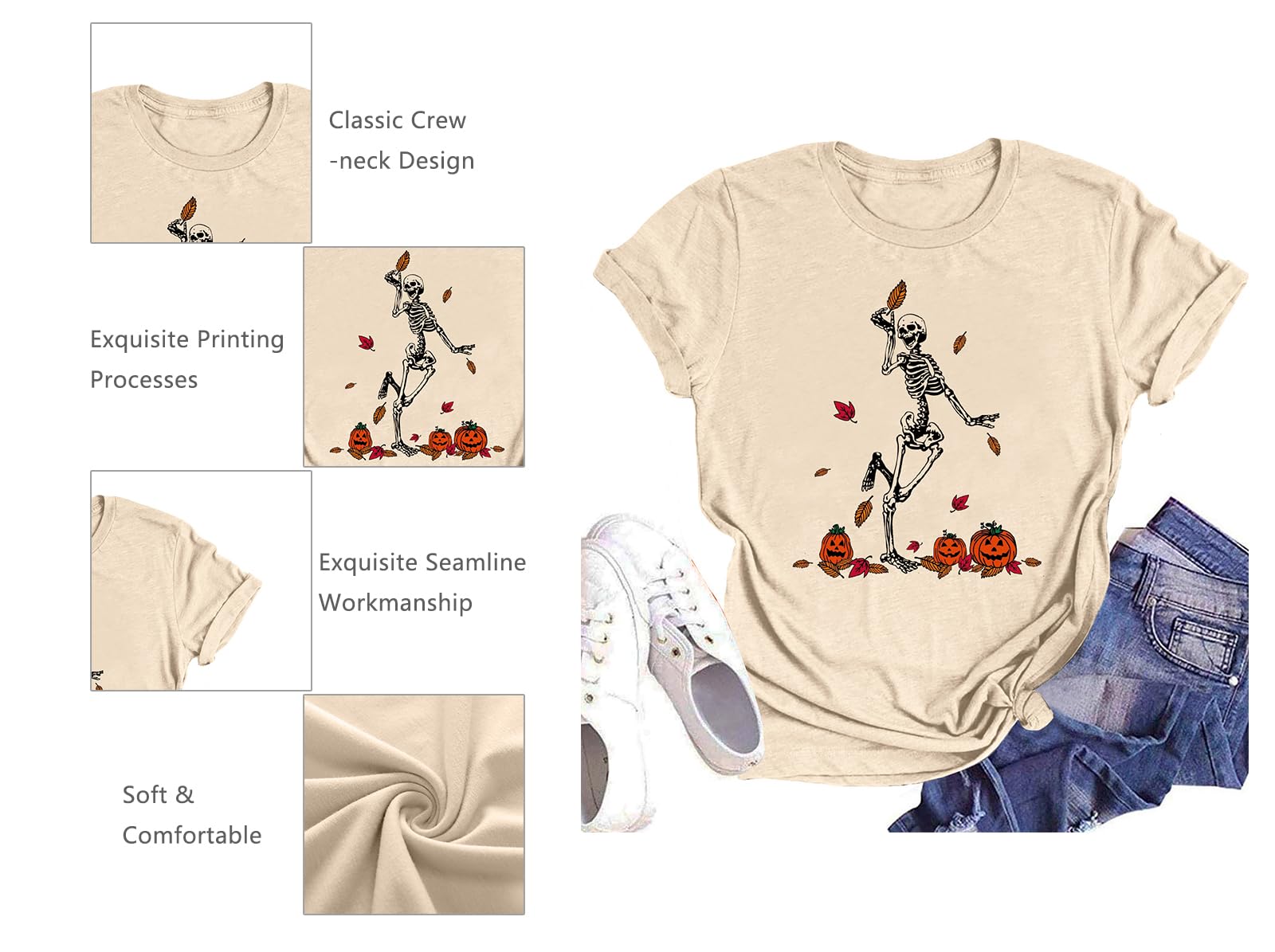 Women's Happy Halloween Dancing Skeleton T-Shirt - Fall Skull Graphic Tee Top Blouse Gift for Parties & Costume Events