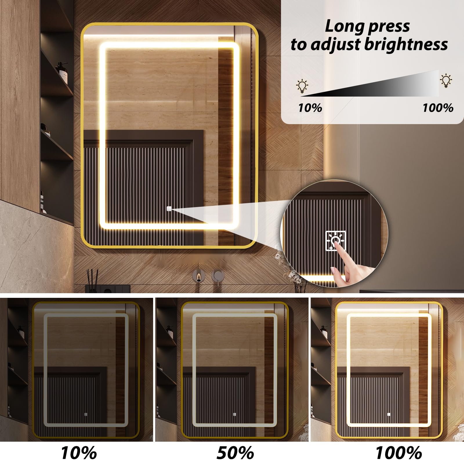 APRILSOUL 24x30 Inch Gold Bathroom Medicine Cabinet with Mirror - Recessed/Surface Mount LED Mirror Cabinet with Adjustable Color Temperature (3000K/4000K/6000K) & Dimmable Lighting - Perfect for Modern Bathrooms, Vanities, and Makeup Areas