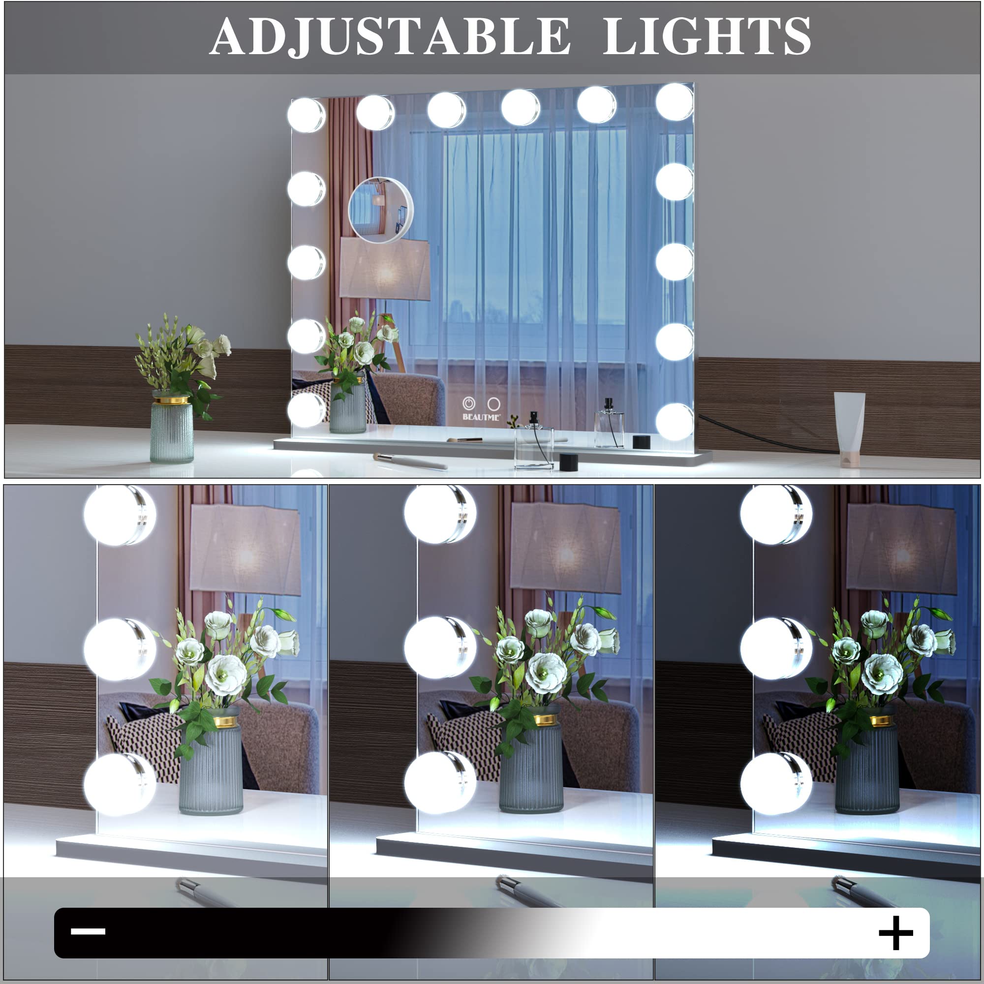 BEAUTME Hollywood Style Vanity Mirror with LED Lights - 24.4x19.7 Inch Tabletop/Wall Mounted Makeup Mirror, Detachable 10X Magnification for Precise Makeup Application - Perfect for Dressing Room, Bedroom & Bathroom Vanity (Silver)