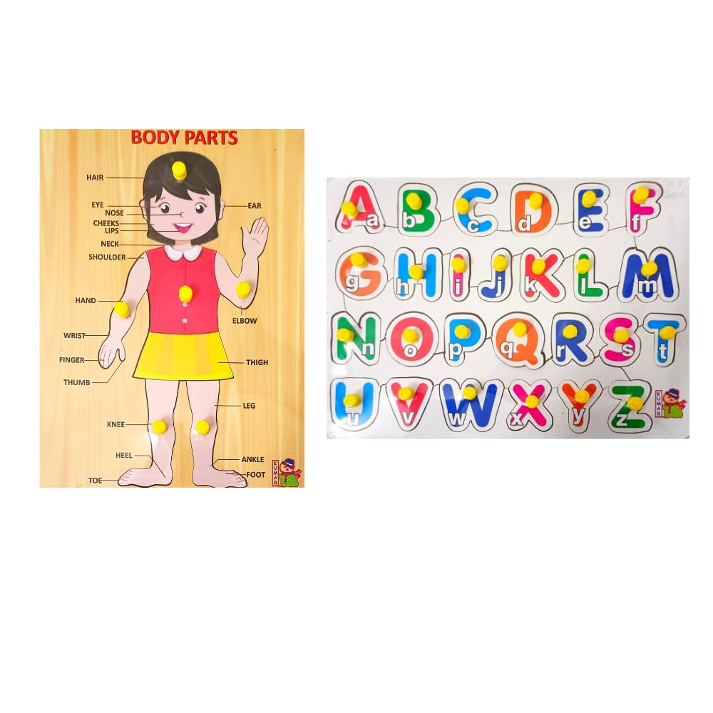 4-Piece Wooden Learning Puzzle Set for Kids & Adults - Educational Toys for Toddlers 3+ (Body Parts, Vegetables, ABCD, Domestic Animals) - Perfect for Homeschooling, Montessori, and Family Game Night