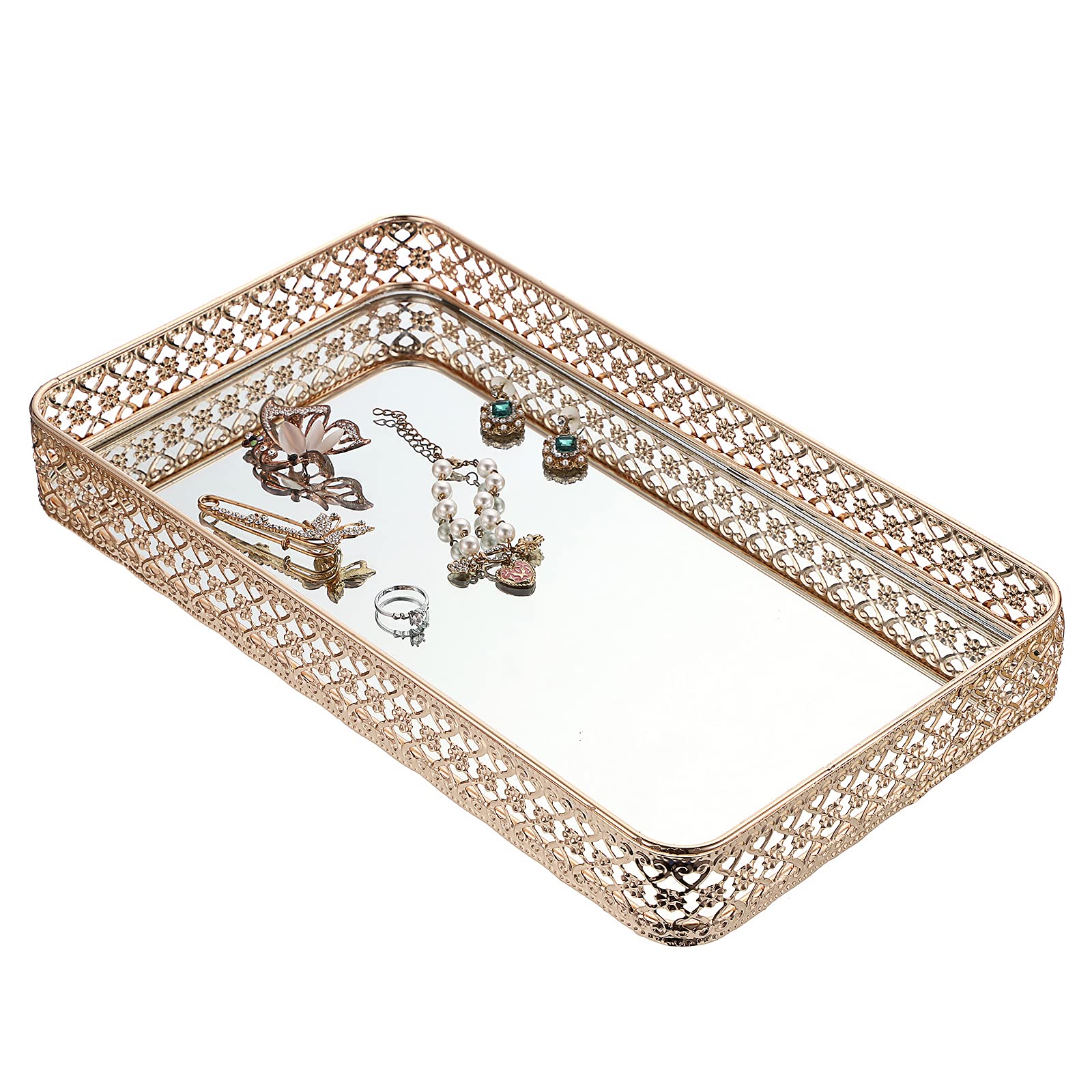 ELLDOO Gold Vanity Tray for Jewelry & Makeup - Large Hollow-Carved Glass & Metal Organizer with Mirror - Perfect for Dresser, Bathroom Countertop, and Bedroom Decor | Gift Idea for Women