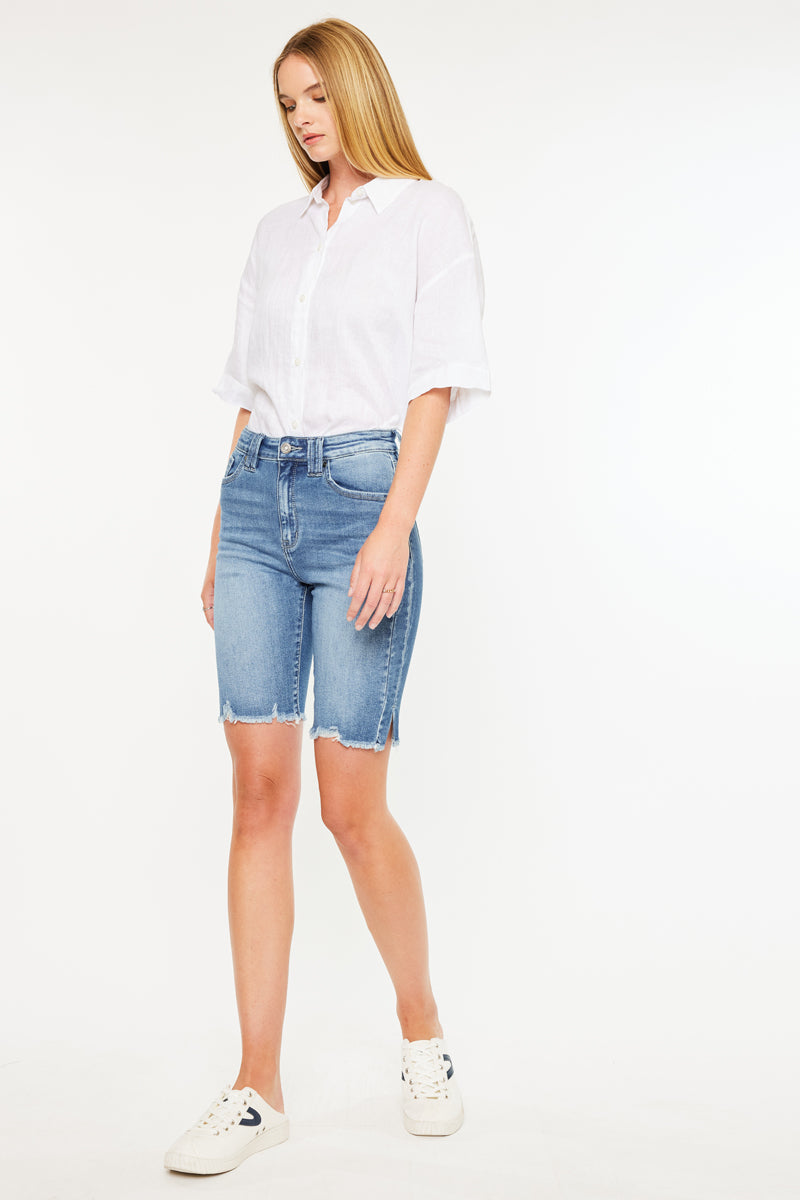 Corealla High Rise Bermuda Shorts for Women - Comfortable Stretchy Denim Shorts with Pockets - Perfect for Summer, Travel & Casual Outfits