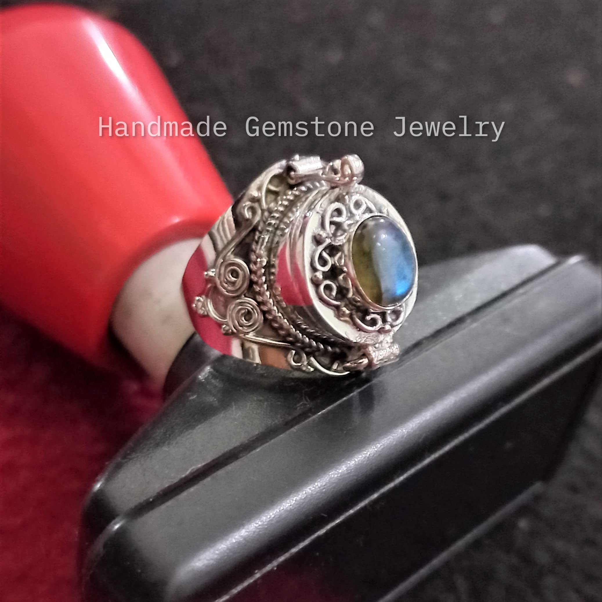 Natural Labradorite Ring with Blue Flash - December Birthstone Jewelry, Poison Box & Locket Ring, Healing Crystal Gift for Women | Perfect for Secret Messages, Spiritual Healing & Special Occasions