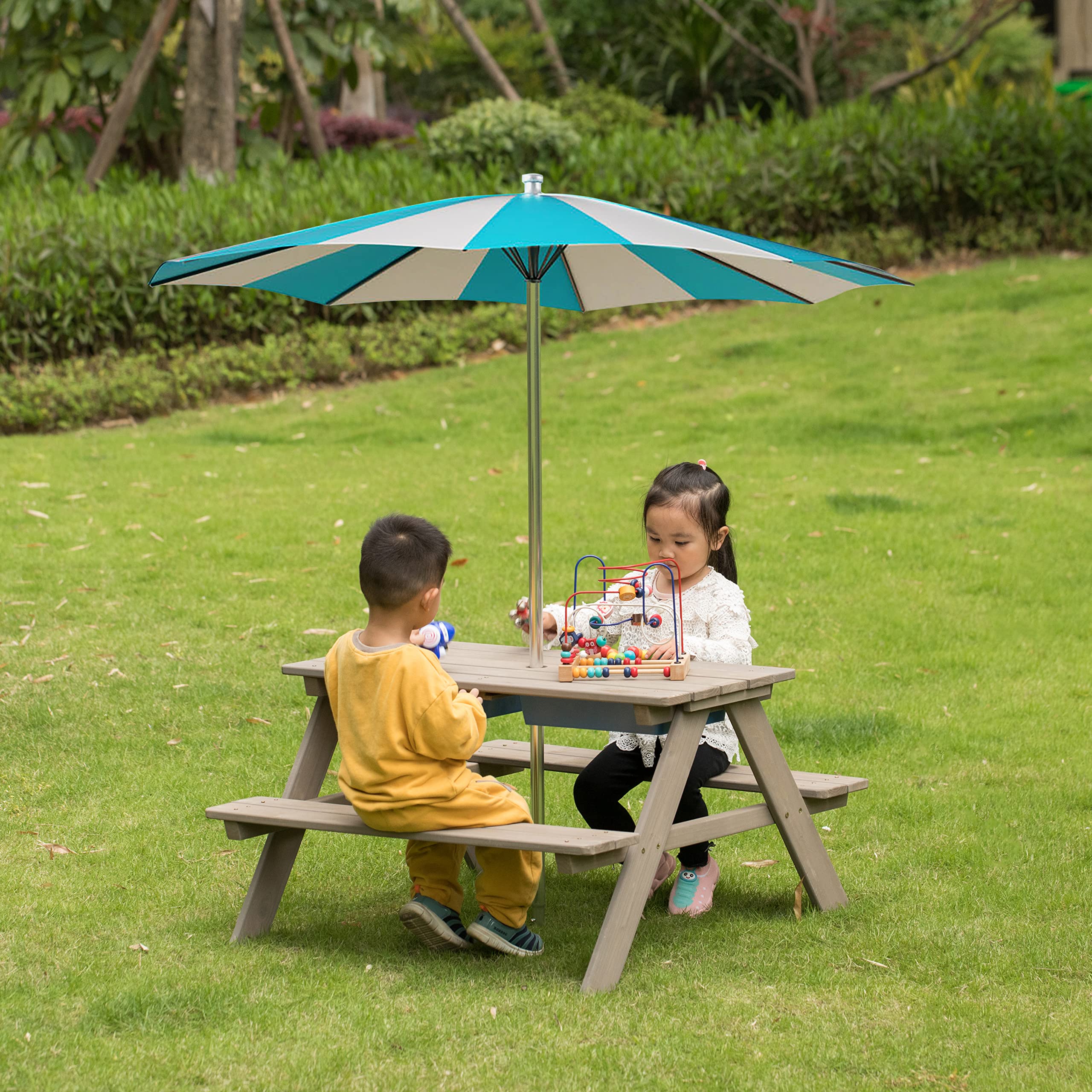 Gardenised Kids Picnic Play Table with Sandbox & Umbrella Hole - 2 Removable Play Boxes, Gray (QI004476) - Perfect for Outdoor Play, Backyard Fun & Toddler Activities