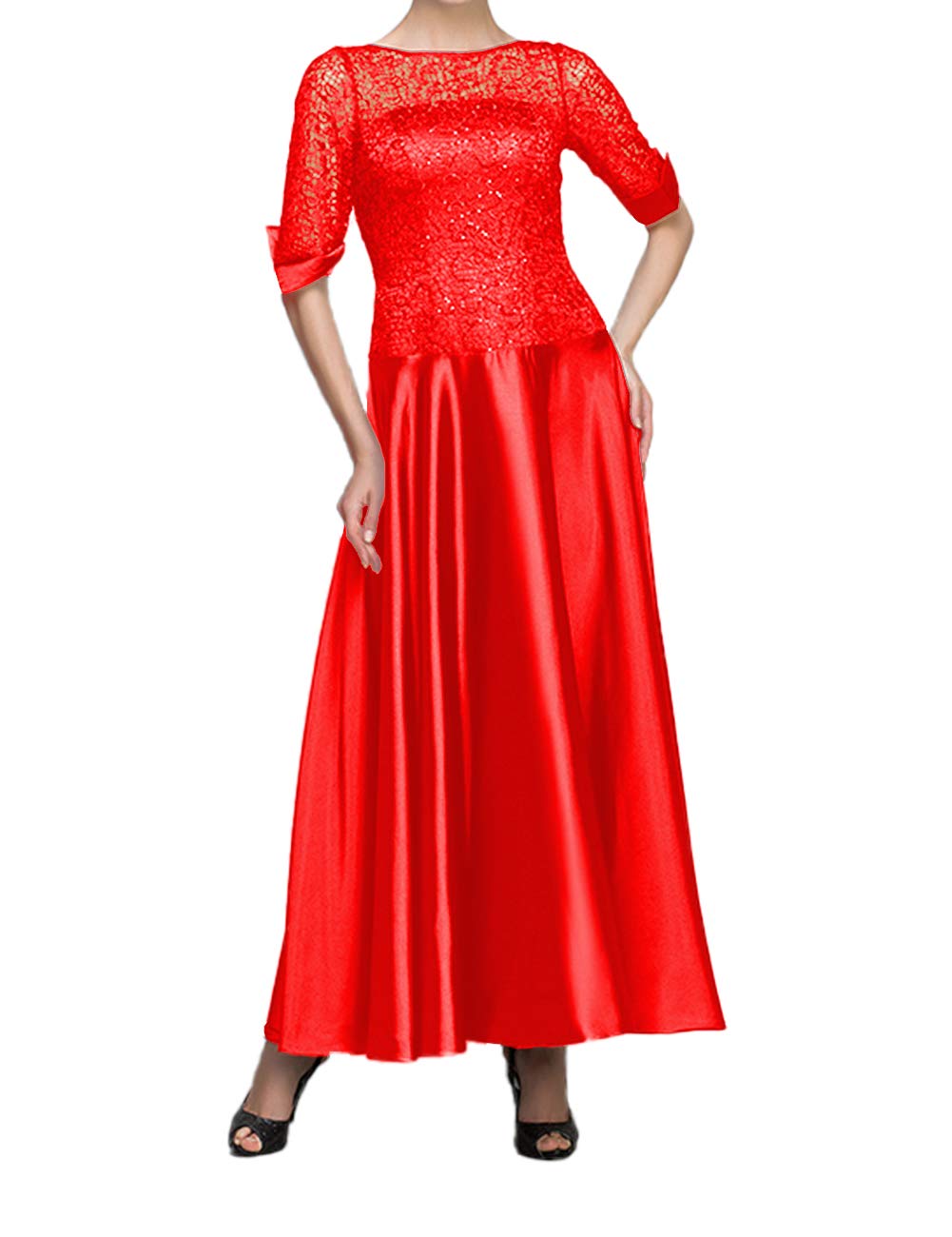 Elegant Tea-Length Mother of the Bride Dress - Long Sleeve Satin Formal Evening Gown for Women | Perfect for Weddings, Receptions & Special Occasions
